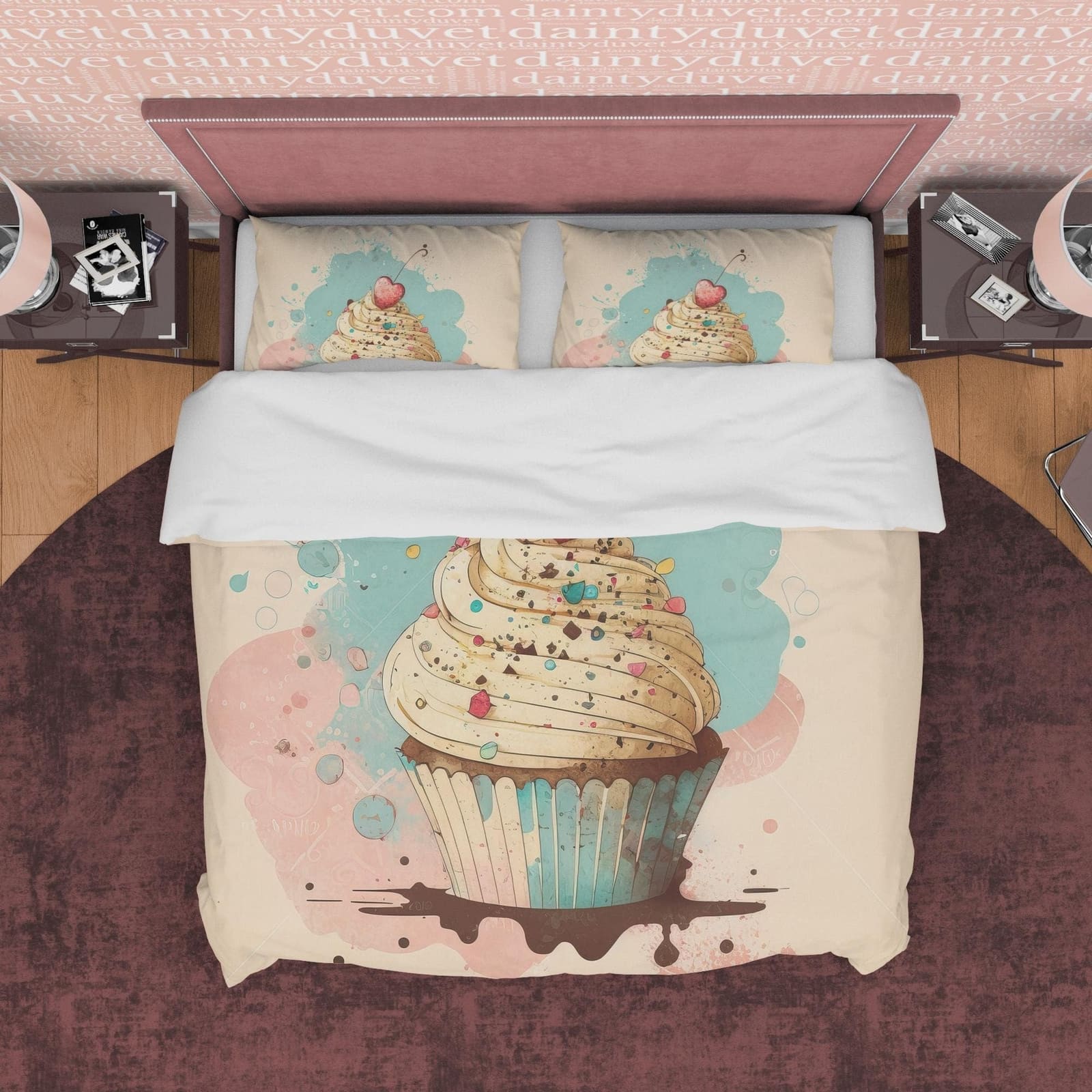 Cherry Cupcake Duvet Cover Boho Bedroom Set, Pastel Color Girly Bedspread, Cute Quilt Cover, Sweet Dorm Bedding, Baby Girl…