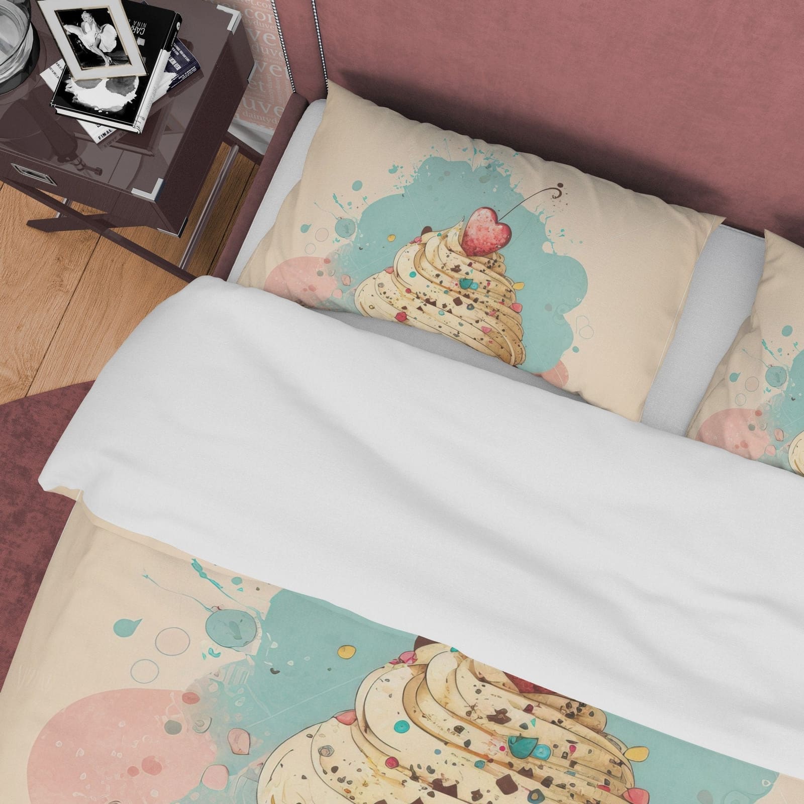 Cherry Cupcake Duvet Cover Boho Bedroom Set, Pastel Color Girly Bedspread, Cute Quilt Cover, Sweet Dorm Bedding, Baby Girl…