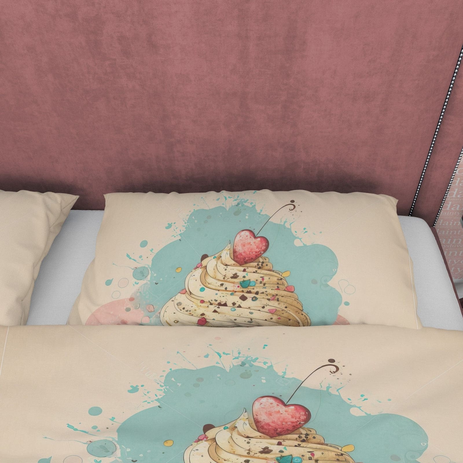 Cherry Cupcake Duvet Cover Boho Bedroom Set, Pastel Color Girly Bedspread, Cute Quilt Cover, Sweet Dorm Bedding, Baby Girl…