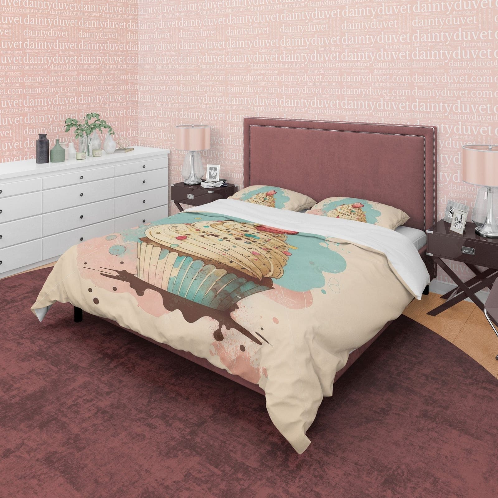 Cherry Cupcake Duvet Cover Boho Bedroom Set, Pastel Color Girly Bedspread, Cute Quilt Cover, Sweet Dorm Bedding, Baby Girl…