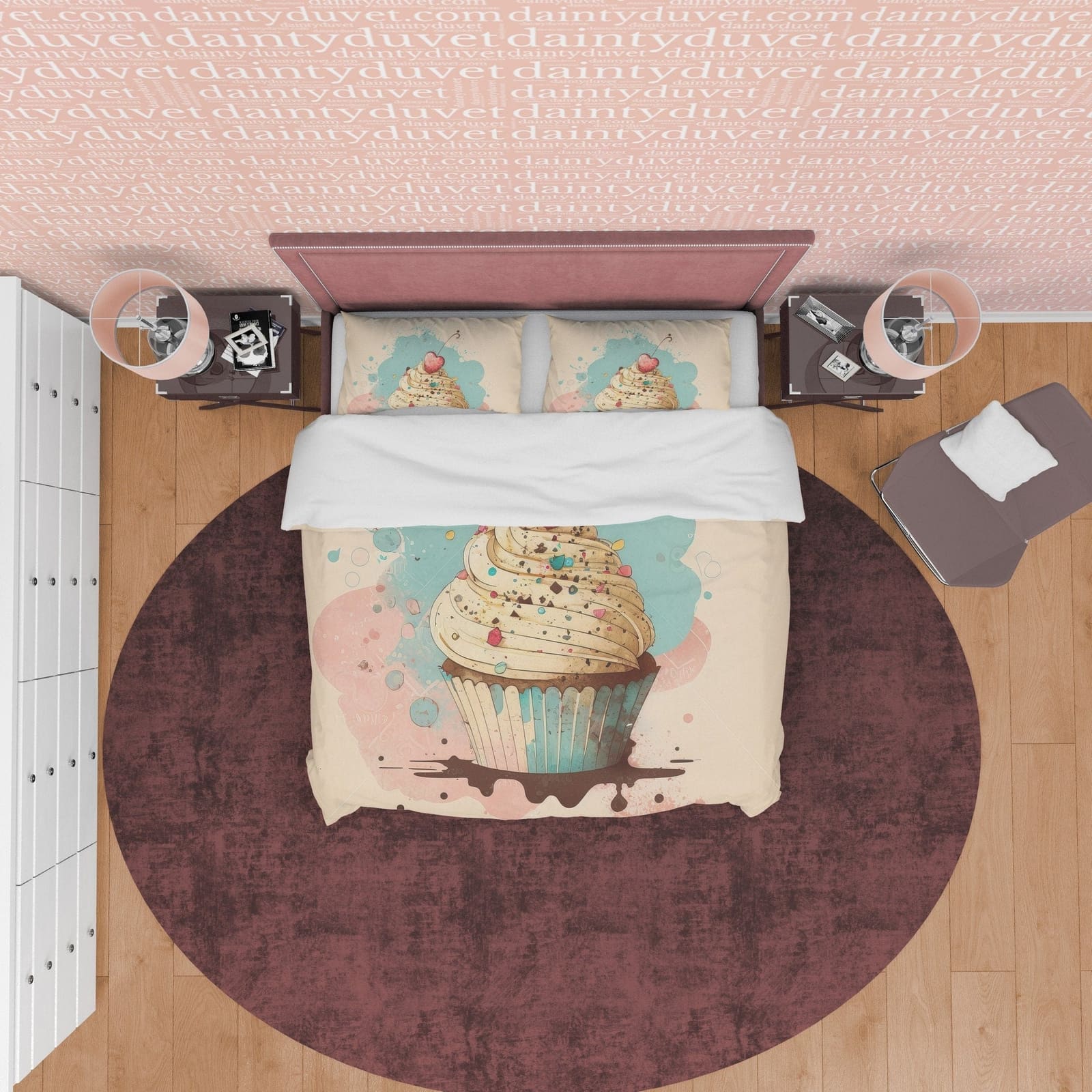Cherry Cupcake Duvet Cover Boho Bedroom Set, Pastel Color Girly Bedspread, Cute Quilt Cover, Sweet Dorm Bedding, Baby Girl…