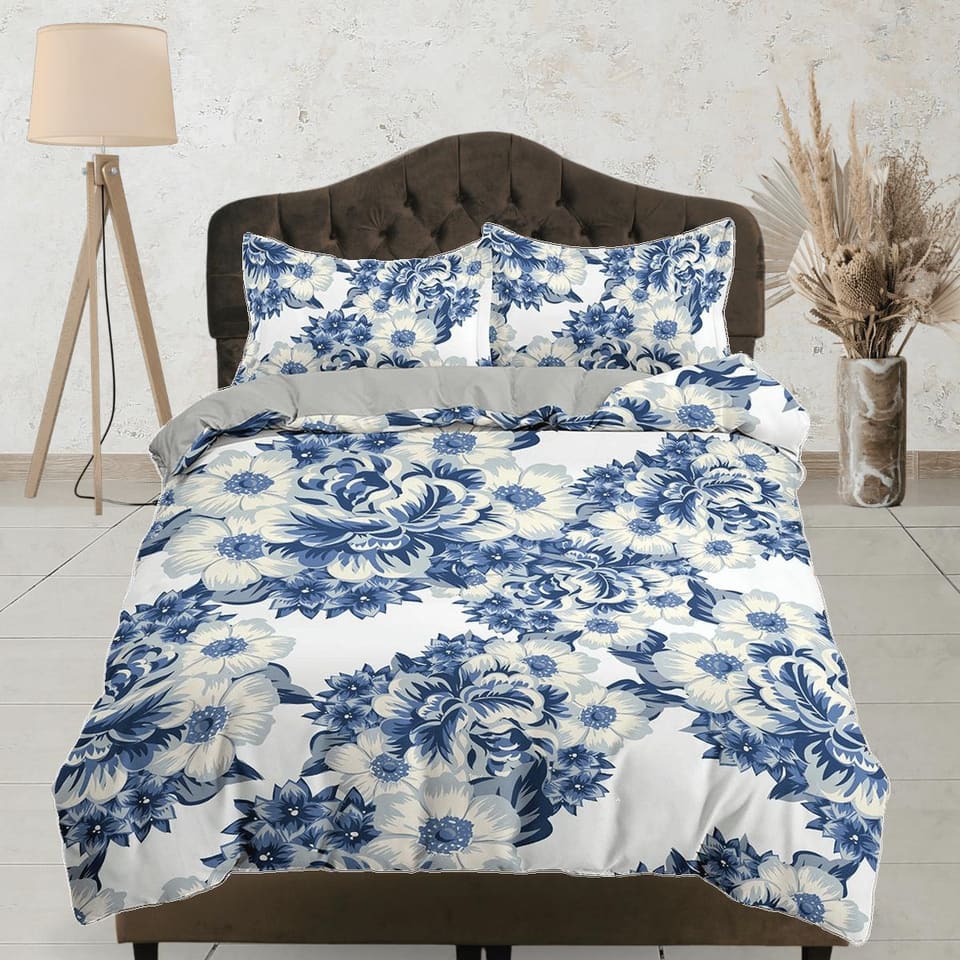 China blue porcelain inspired floral duvet cover queen, king, boho duvet, designer bedding, aesthetic bedding, maximalist…