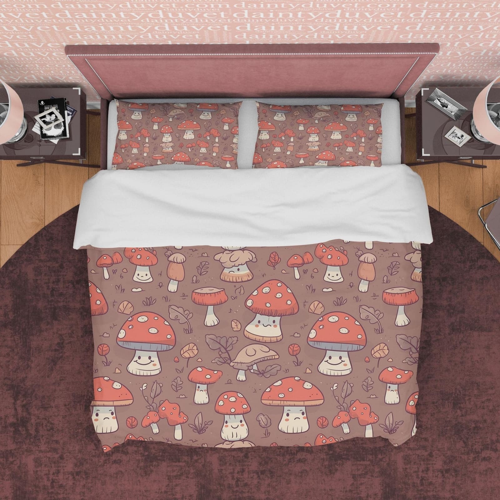 Choco Brown Retro Bedding Set, Mushroom Duvet Cover, Cute Toddler Room Quilt Cover, Unique Bedspread, Jolly Bed Cover, Zip…