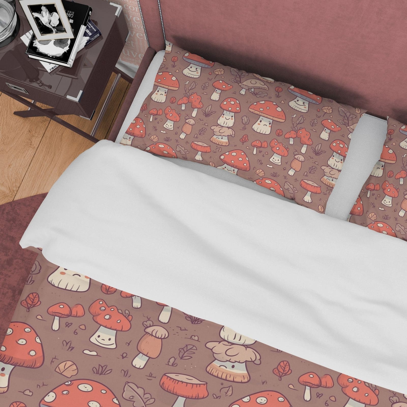 Choco Brown Retro Bedding Set, Mushroom Duvet Cover, Cute Toddler Room Quilt Cover, Unique Bedspread, Jolly Bed Cover, Zip…