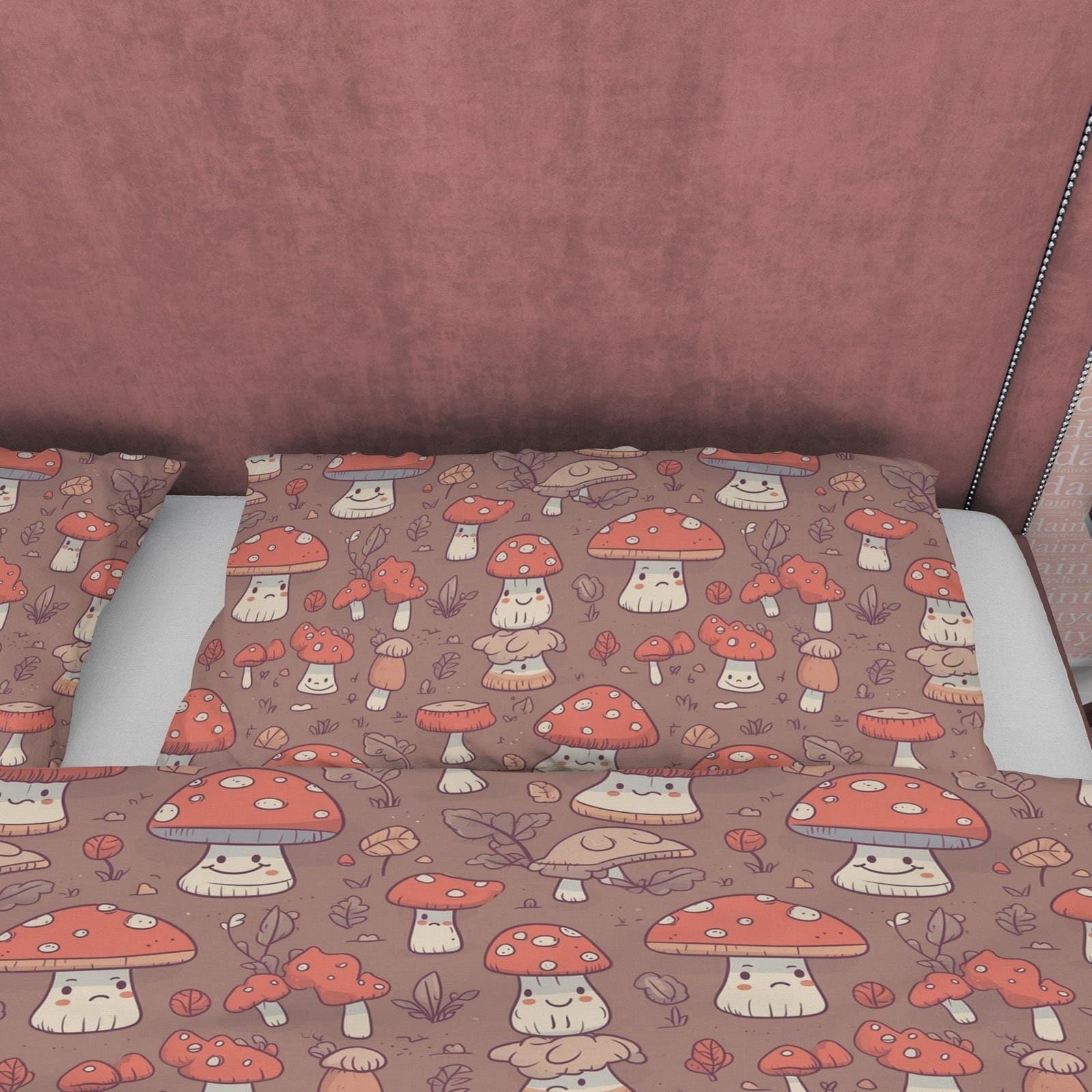 Choco Brown Retro Bedding Set, Mushroom Duvet Cover, Cute Toddler Room Quilt Cover, Unique Bedspread, Jolly Bed Cover, Zip…