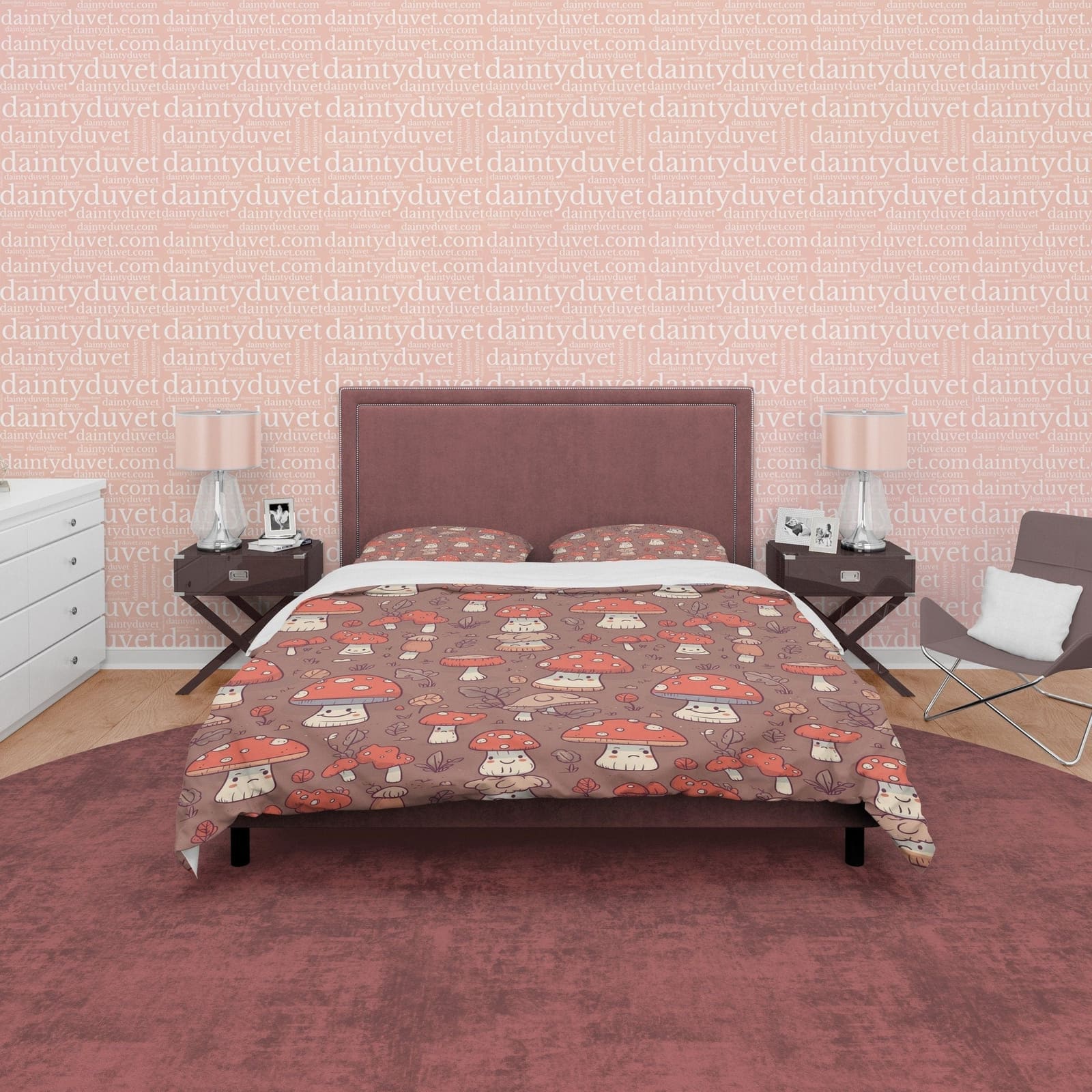 Choco Brown Retro Bedding Set, Mushroom Duvet Cover, Cute Toddler Room Quilt Cover, Unique Bedspread, Jolly Bed Cover, Zip…