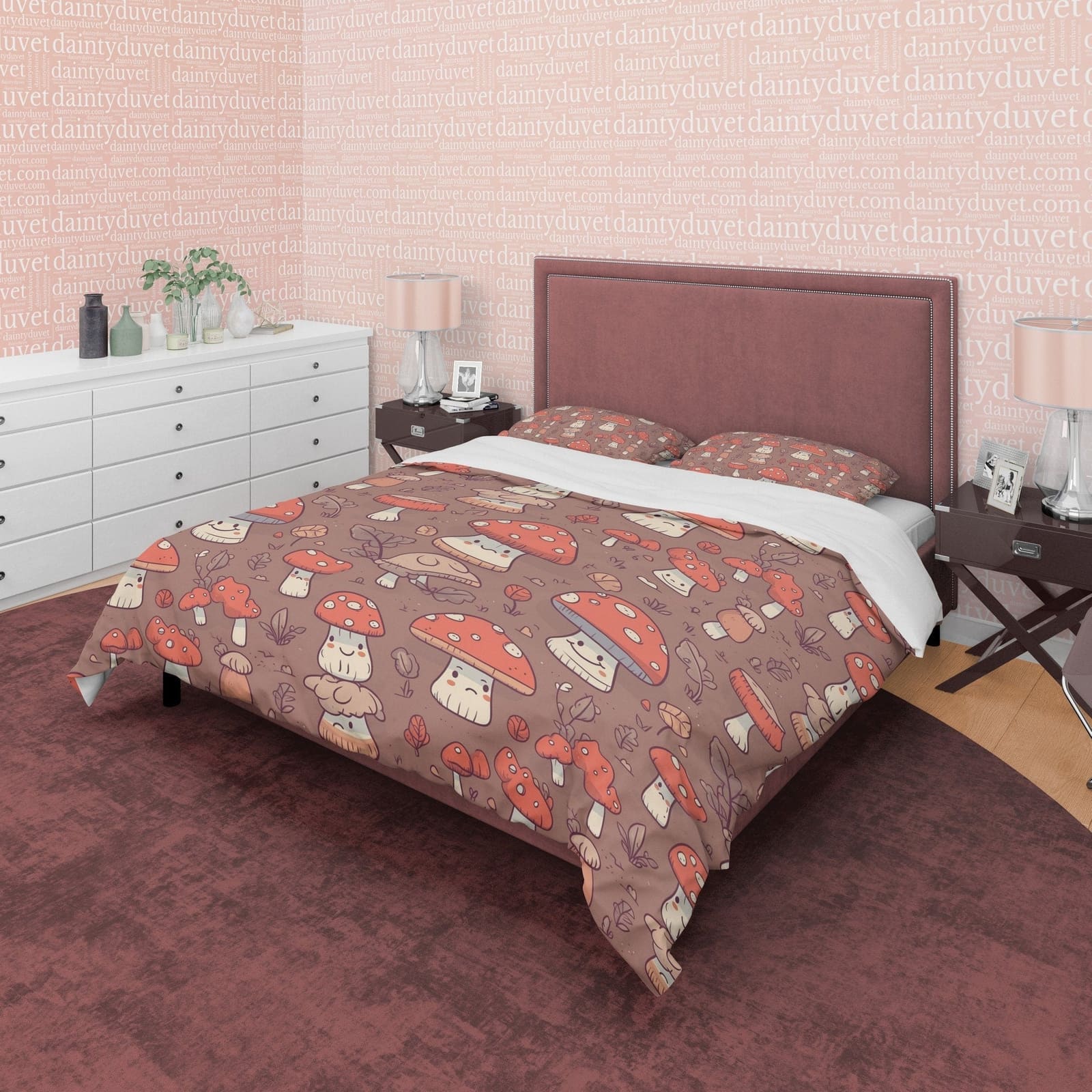 Choco Brown Retro Bedding Set, Mushroom Duvet Cover, Cute Toddler Room Quilt Cover, Unique Bedspread, Jolly Bed Cover, Zip…
