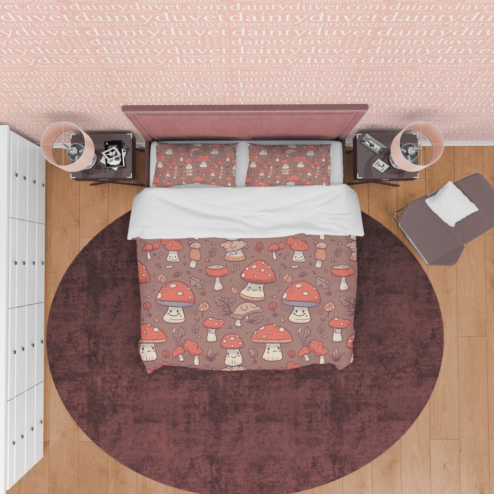 Choco Brown Retro Bedding Set, Mushroom Duvet Cover, Cute Toddler Room Quilt Cover, Unique Bedspread, Jolly Bed Cover, Zip…