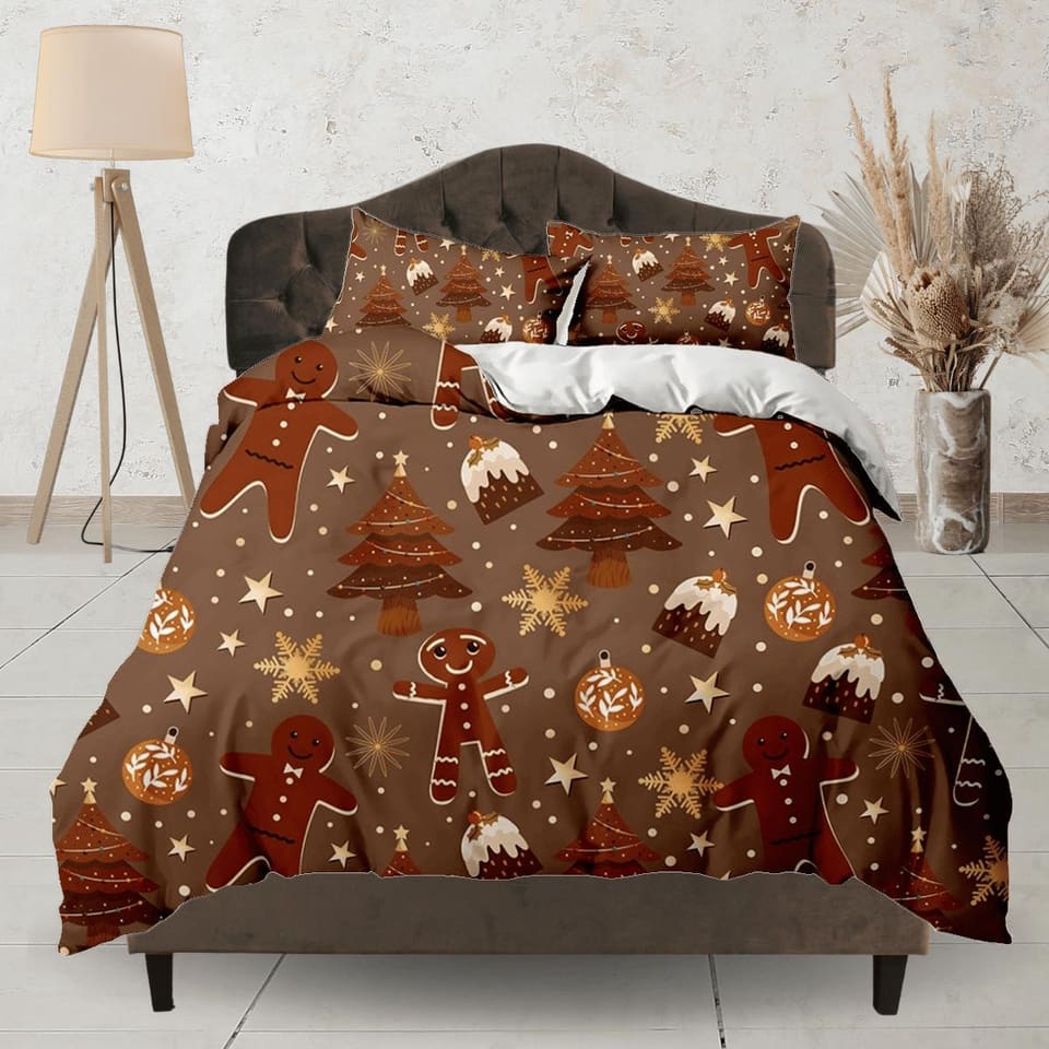 Chocolatey gingerbread Christmas bedding, pillowcase holiday gift brown duvet cover king queen twin toddler bedding baby C…