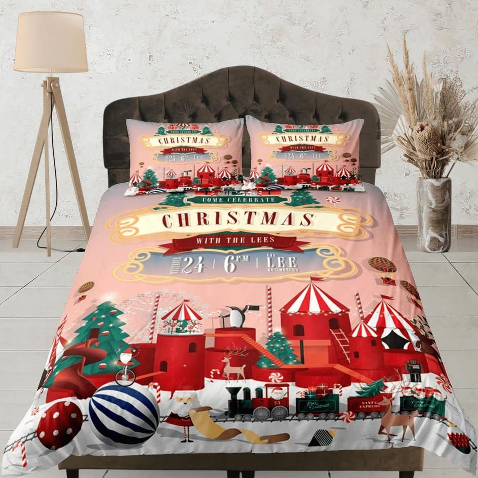 Christmas coral pink duvet cover set, christmas full size bedding & pillowcase, college bedding, toddler bedding, holiday…
