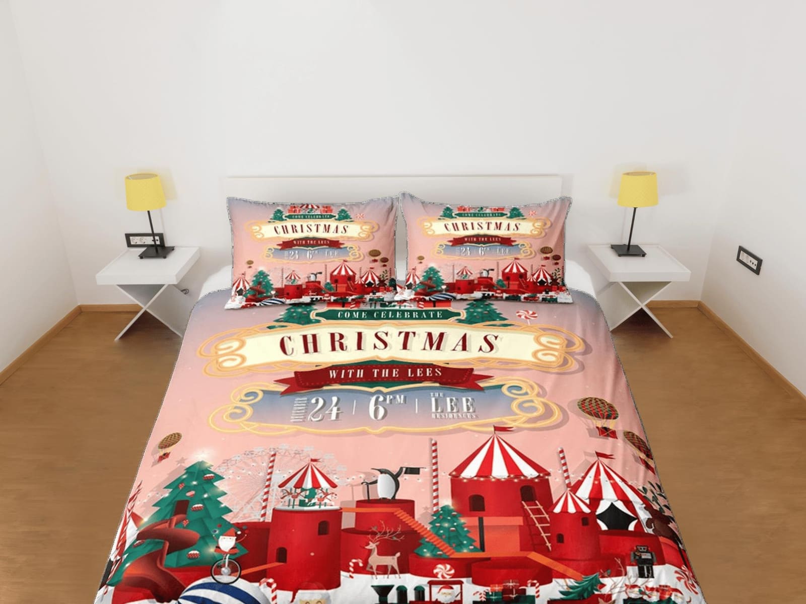 Christmas coral pink duvet cover set, christmas full size bedding & pillowcase, college bedding, toddler bedding, holiday…