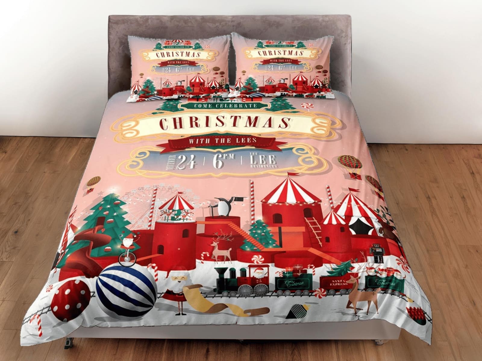 Christmas coral pink duvet cover set, christmas full size bedding & pillowcase, college bedding, toddler bedding, holiday…