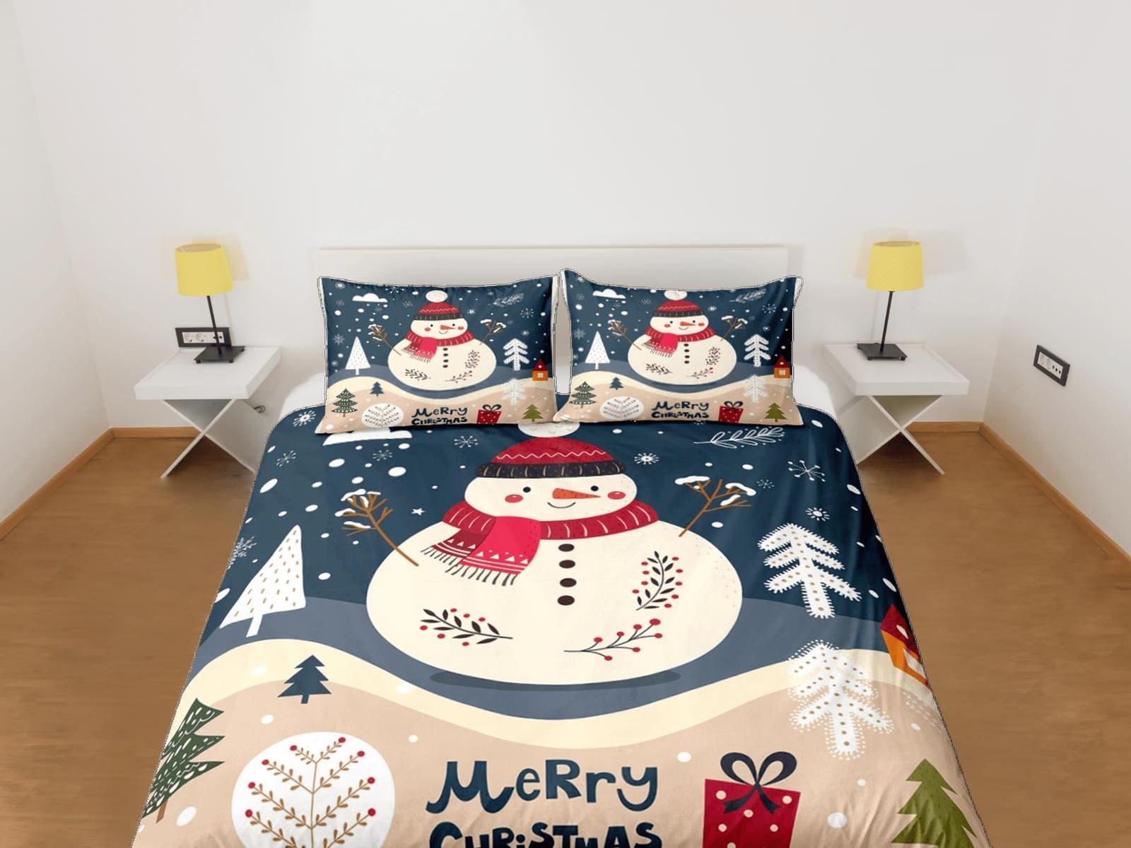 Christmas Duvet Cover Set with Pillows Snow Man Winter Dorm Bedding Comforter Cover Christmas Gift