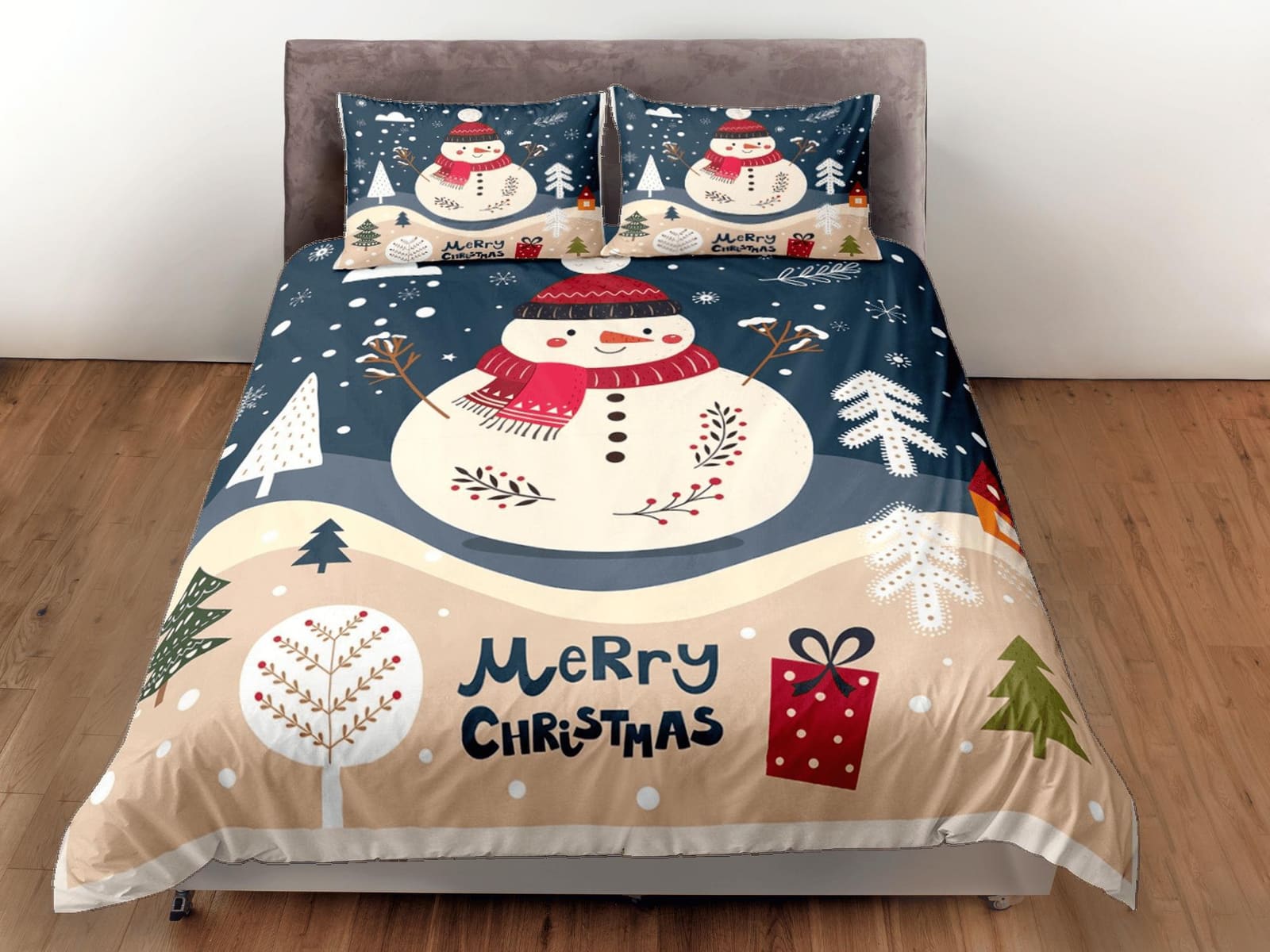 Christmas Duvet Cover Set with Pillows Snow Man Winter Dorm Bedding Comforter Cover Christmas Gift