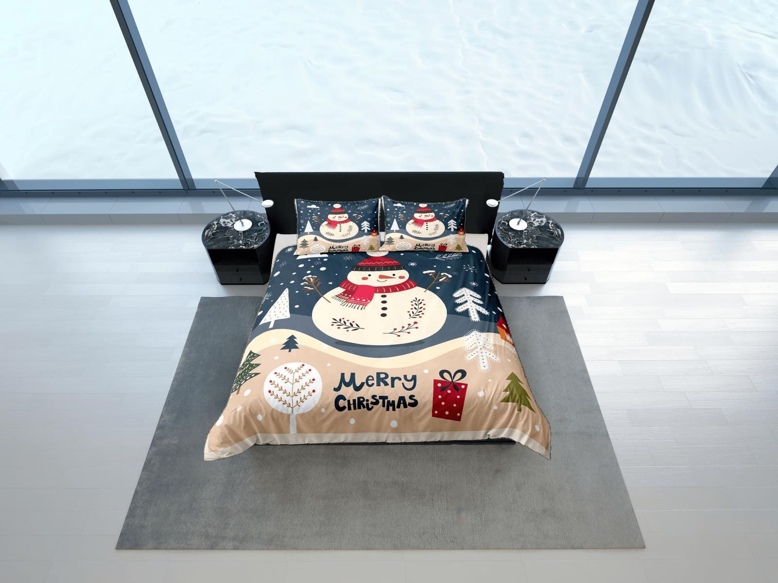 Christmas Duvet Cover Set with Pillows Snow Man Winter Dorm Bedding Comforter Cover Christmas Gift
