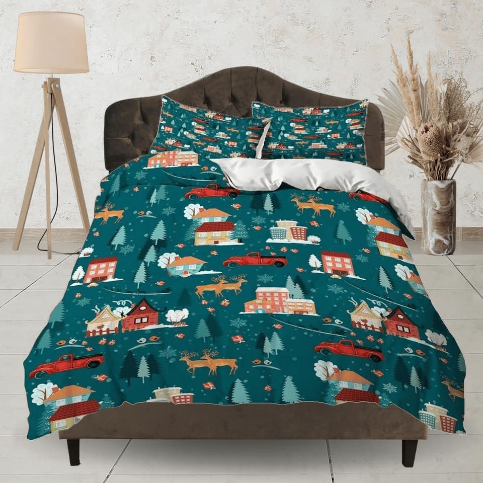 Christmas teal bedding & pillowcase holiday gift duvet cover king queen full twin toddler bedding baby Christmas farmhouse…