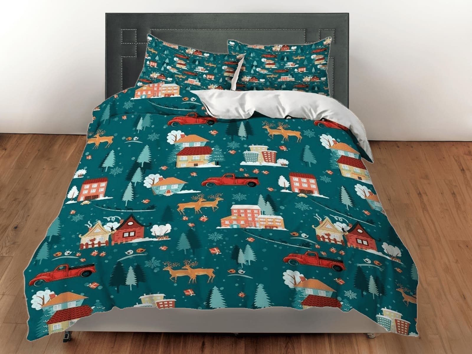 Christmas teal bedding & pillowcase holiday gift duvet cover king queen full twin toddler bedding baby Christmas farmhouse…