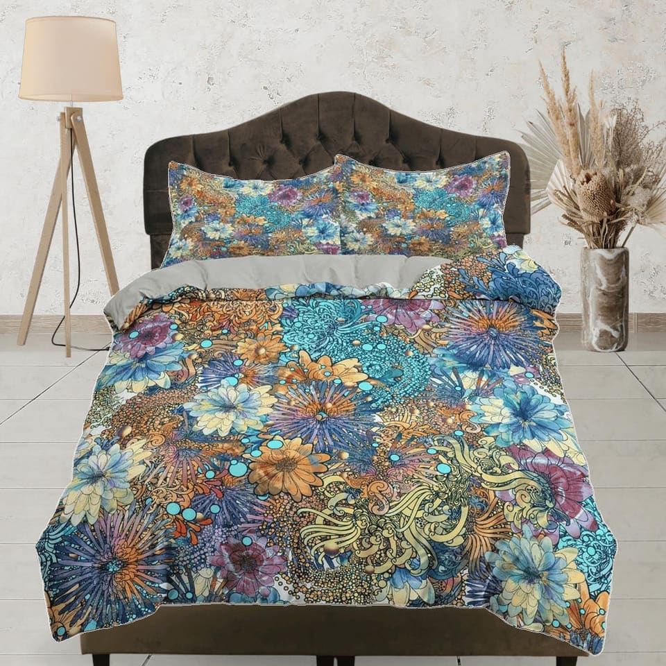 Chrysanthemum colorful floral duvet cover queen, king, boho duvet, designer bedding, aesthetic bedding, maximalist full si…