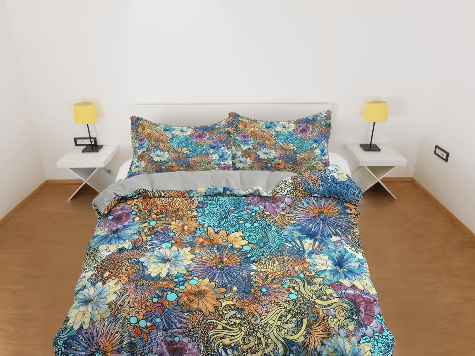 Chrysanthemum colorful floral duvet cover queen, king, boho duvet, designer bedding, aesthetic bedding, maximalist full si…