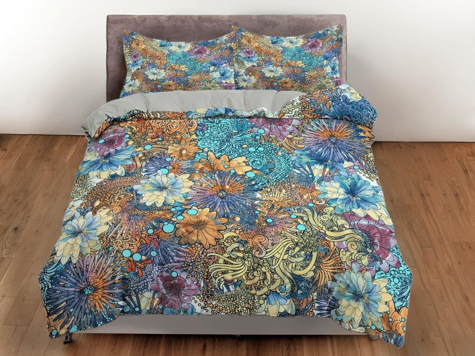 Chrysanthemum colorful floral duvet cover queen, king, boho duvet, designer bedding, aesthetic bedding, maximalist full si…