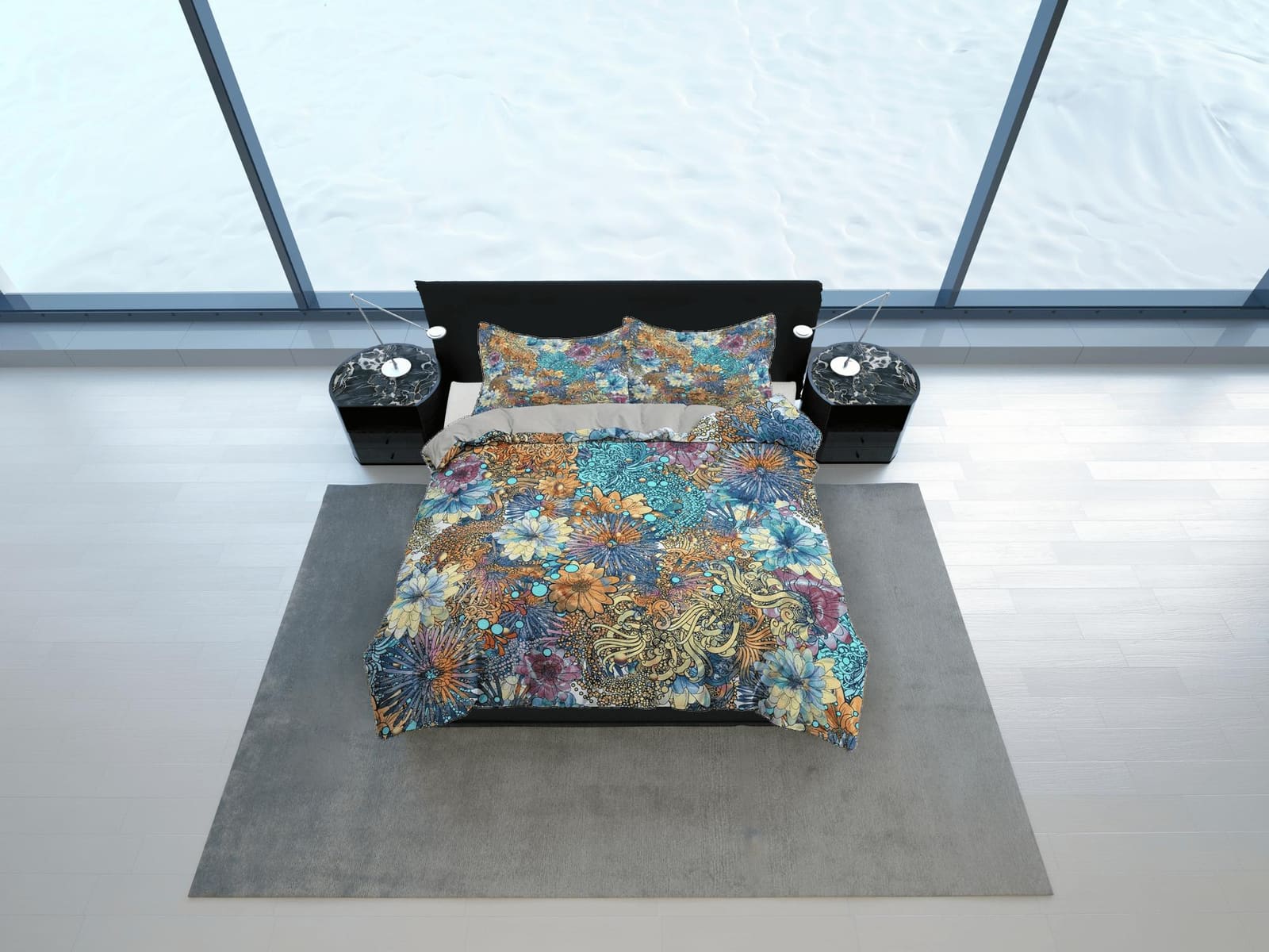 Chrysanthemum colorful floral duvet cover queen, king, boho duvet, designer bedding, aesthetic bedding, maximalist full si…