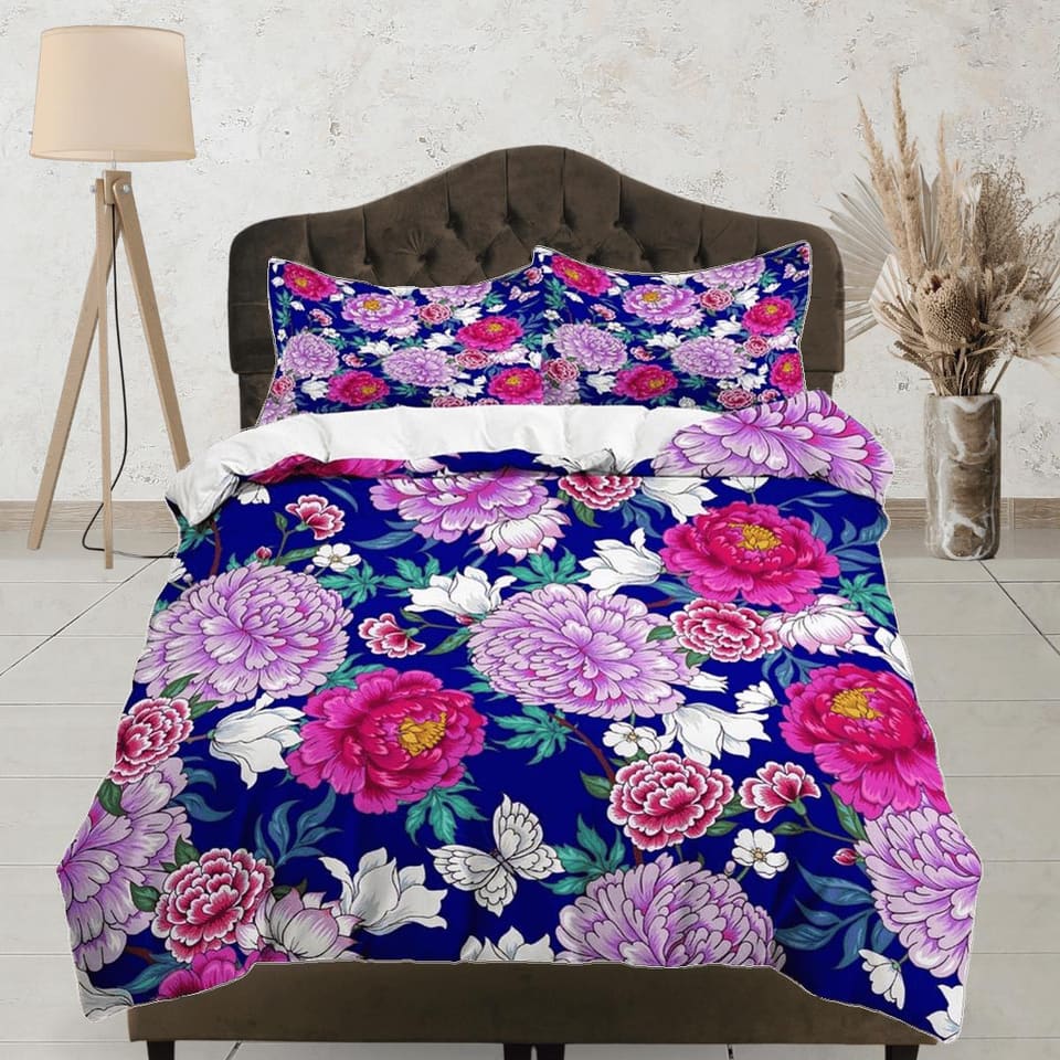 Chrysanthemum floral bedding, luxury purple duvet cover queen, king, boho duvet, designer bedding, aesthetic bedding, maxi…