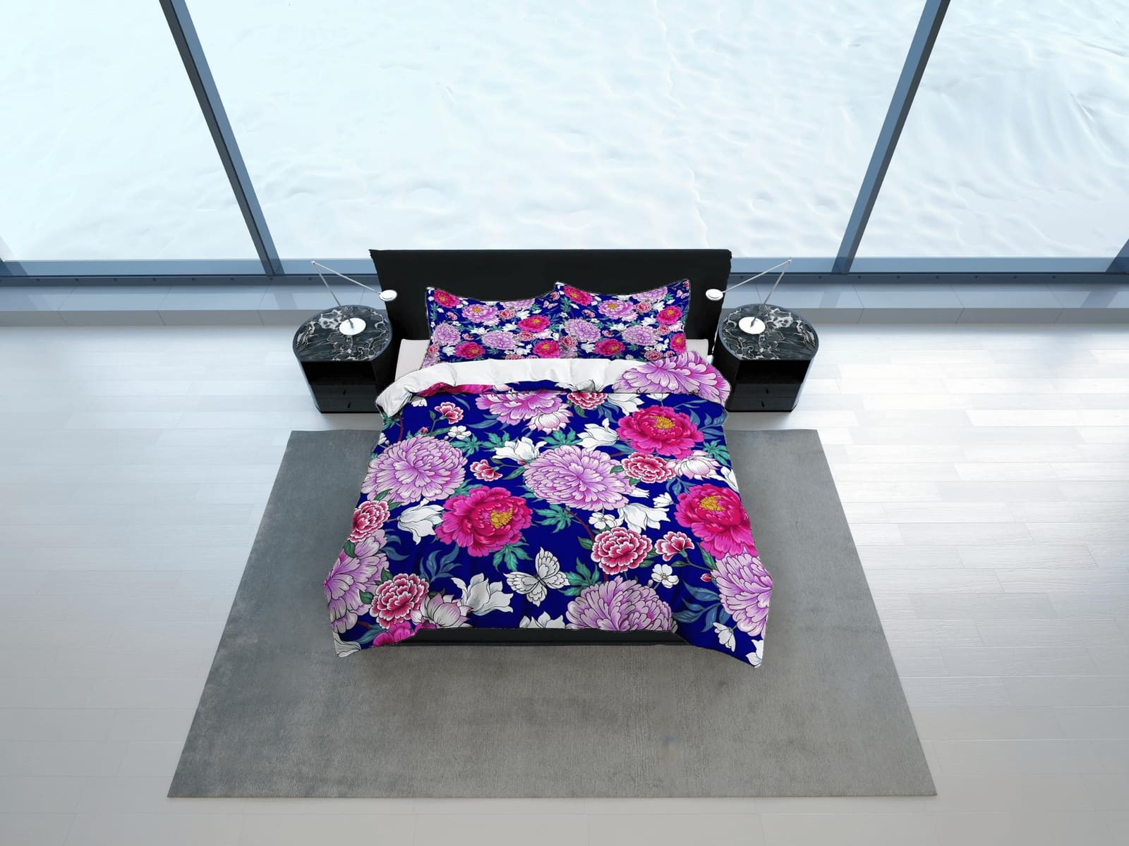 Chrysanthemum floral bedding, luxury purple duvet cover queen, king, boho duvet, designer bedding, aesthetic bedding, maxi…
