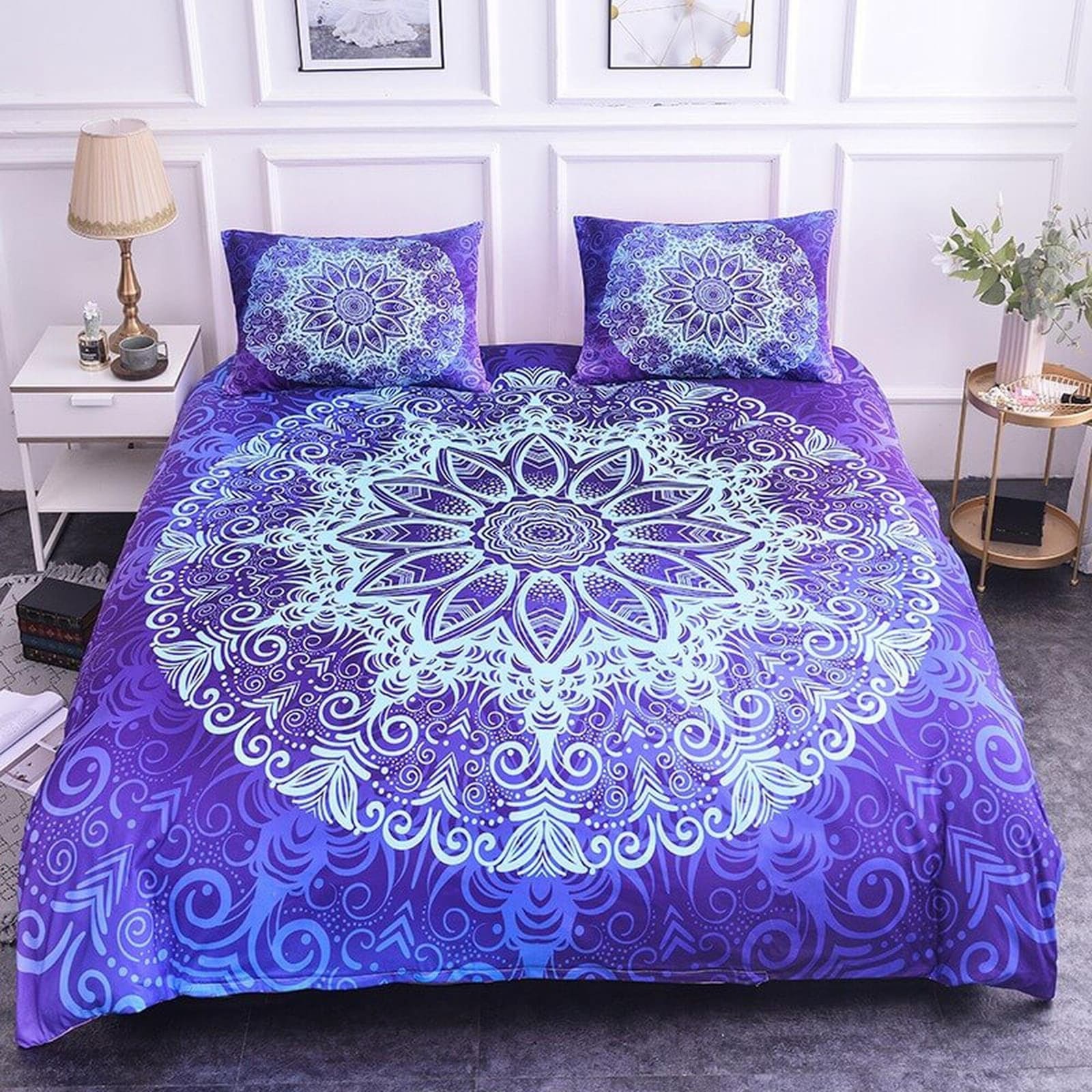 Circular mandala purple duvet cover boho bedding set full, queen, king, dorm bedding, aesthetic room decor indian bedsprea…