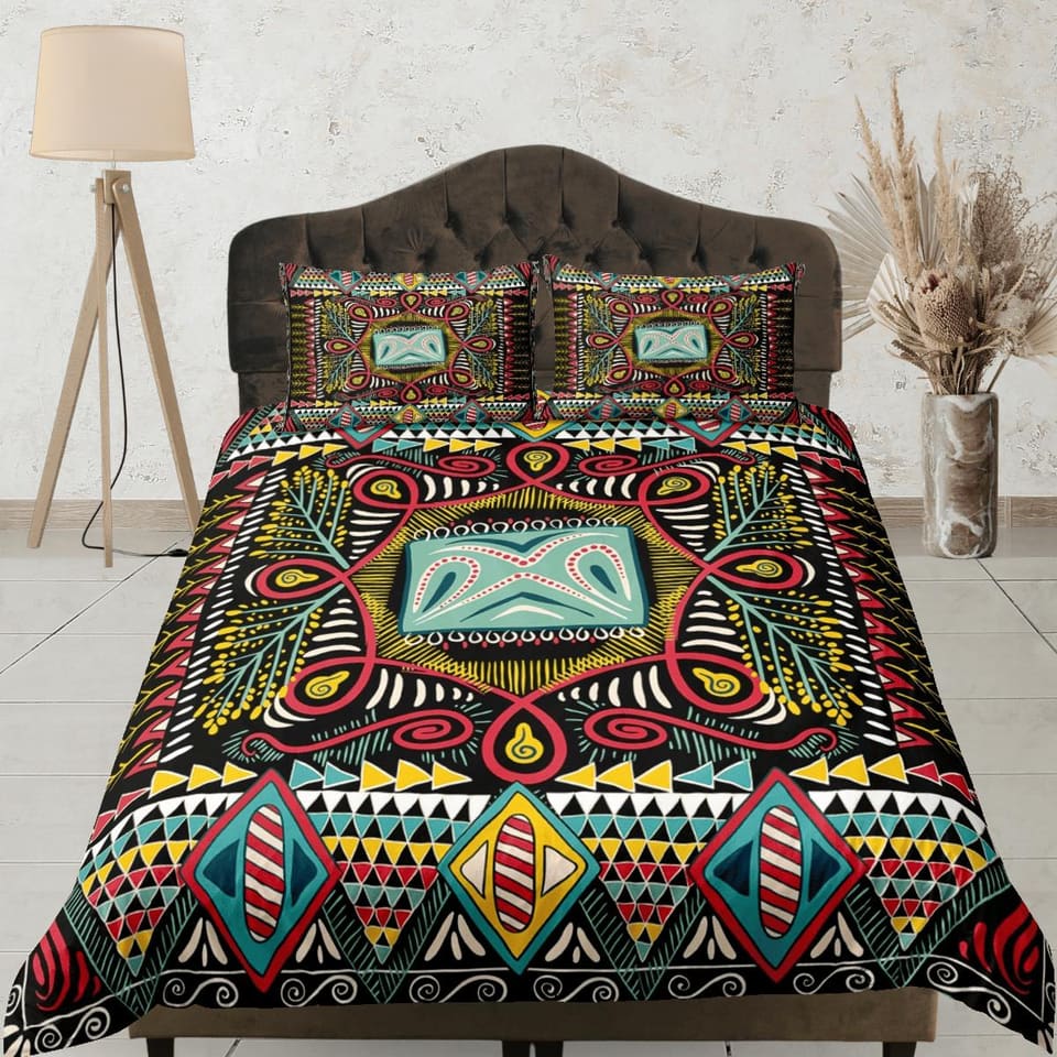 Colorful abstract african pattern bedding set duvet cover, boho bedding ethnic tribal print afrocentric designer bedding,…