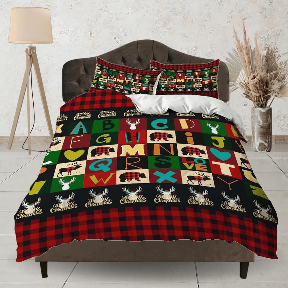 Colorful alphabet red plaid duvet cover set christmas full size bedding & pillowcase, college bedding, crib toddler beddin…
