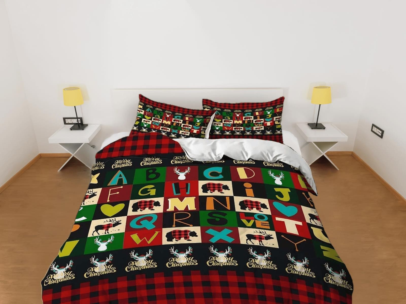 Colorful alphabet red plaid duvet cover set christmas full size bedding & pillowcase, college bedding, crib toddler beddin…