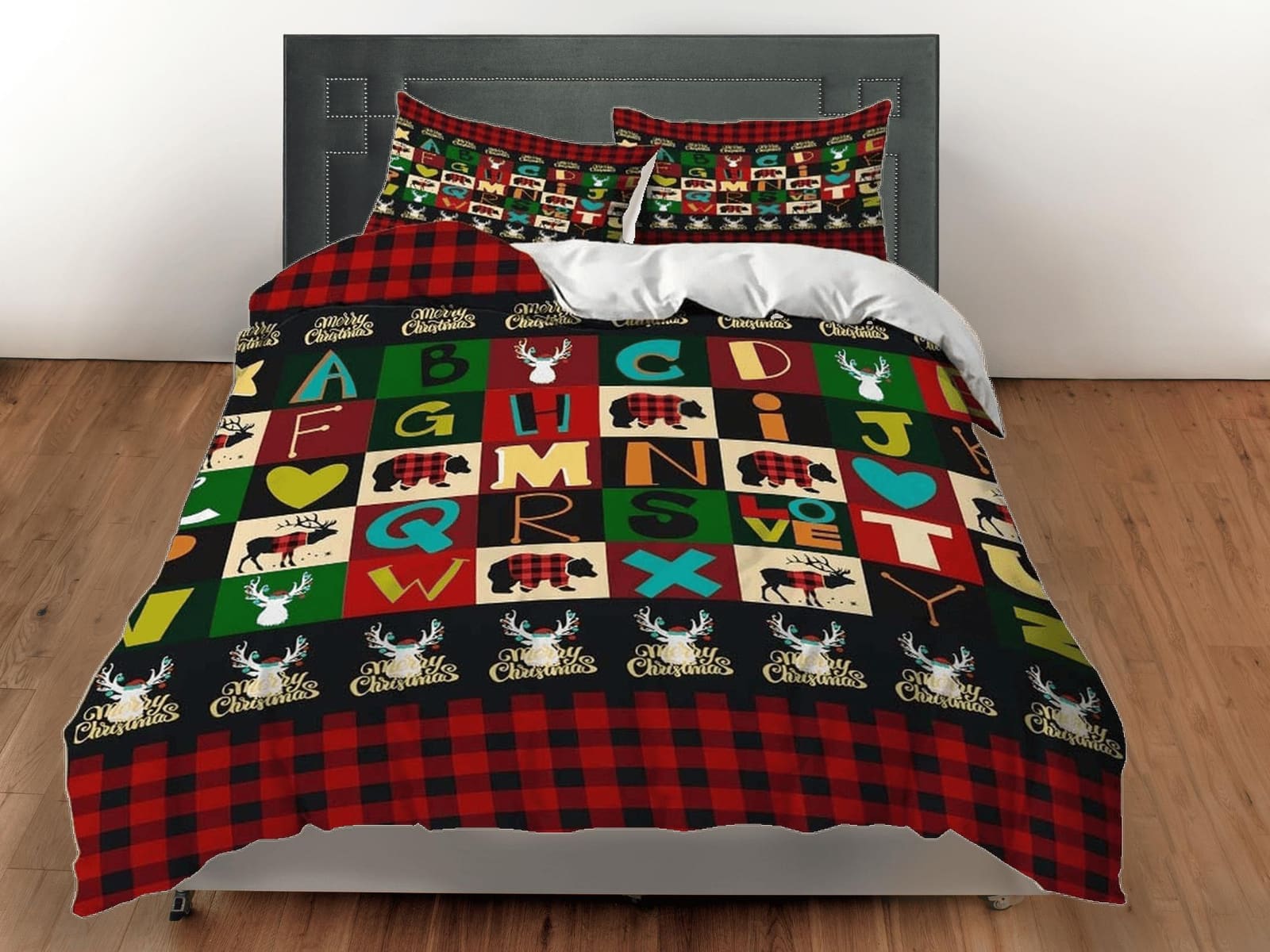 Colorful alphabet red plaid duvet cover set christmas full size bedding & pillowcase, college bedding, crib toddler beddin…