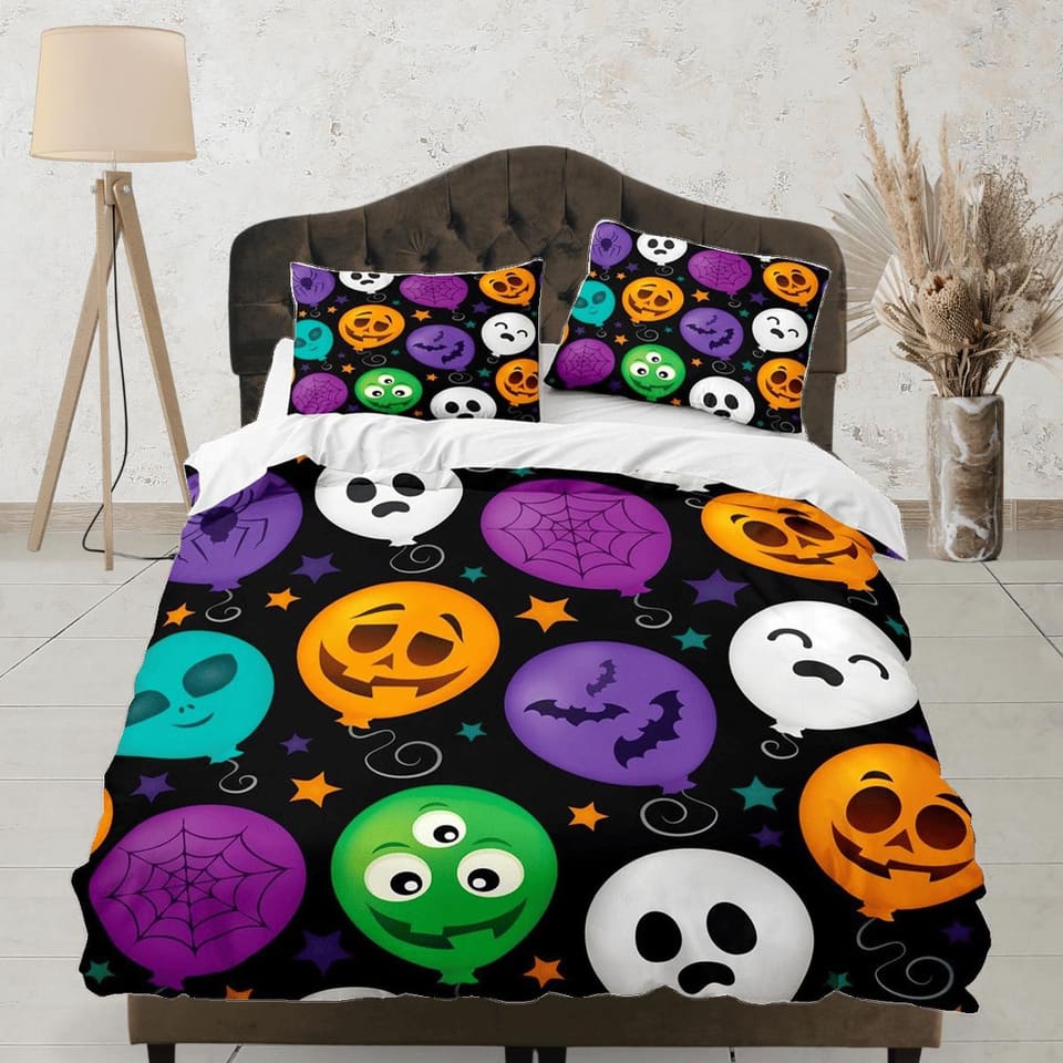 Colorful balloons pumpkin face halloween bedding & pillowcase, gothic duvet cover, dorm bedding, goth decor toddler beddin…