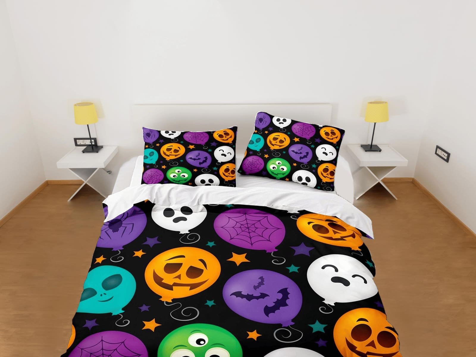 Colorful balloons pumpkin face halloween bedding & pillowcase, gothic duvet cover, dorm bedding, goth decor toddler beddin…