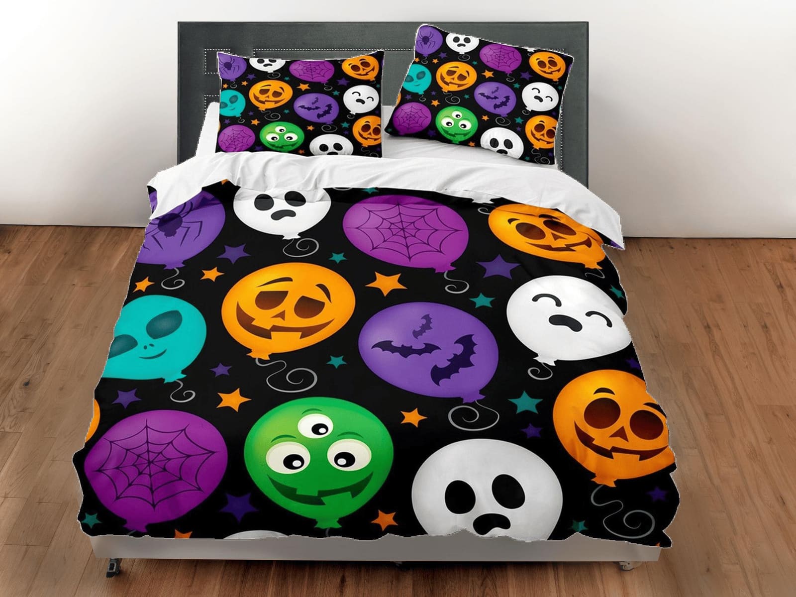Colorful balloons pumpkin face halloween bedding & pillowcase, gothic duvet cover, dorm bedding, goth decor toddler beddin…