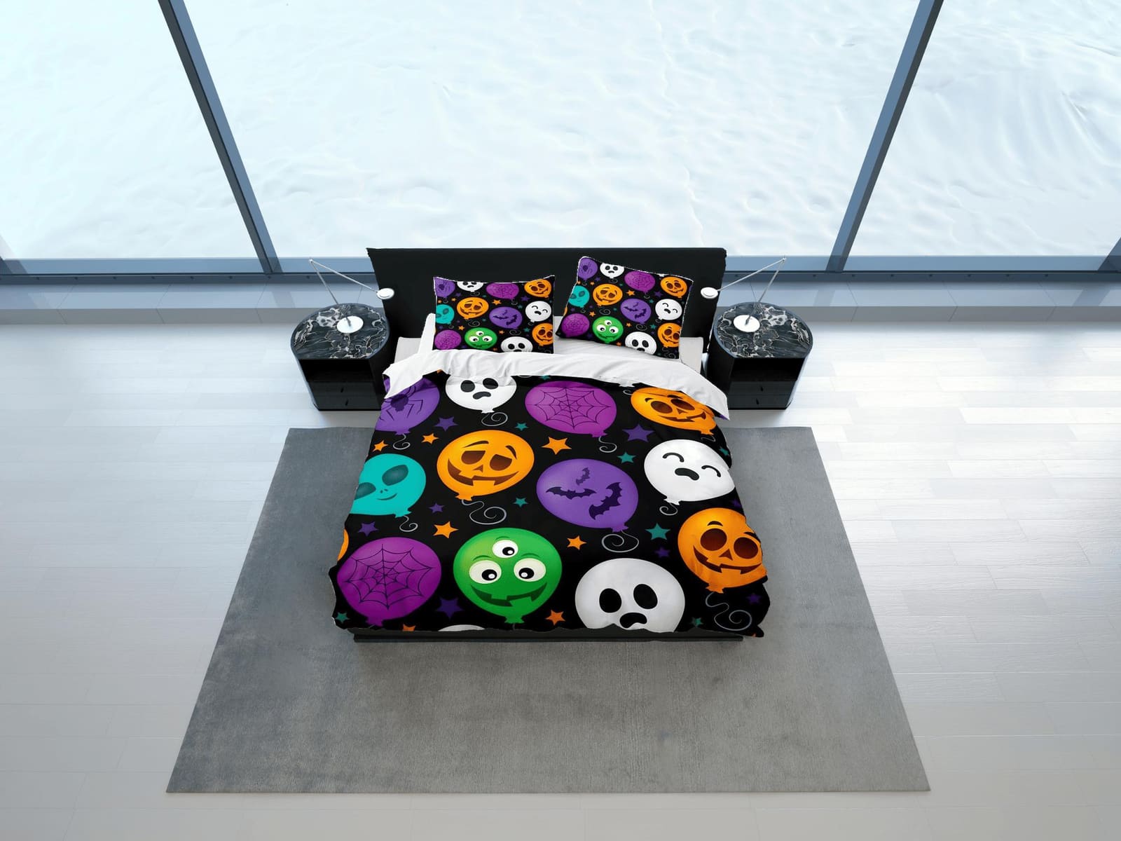 Colorful balloons pumpkin face halloween bedding & pillowcase, gothic duvet cover, dorm bedding, goth decor toddler beddin…