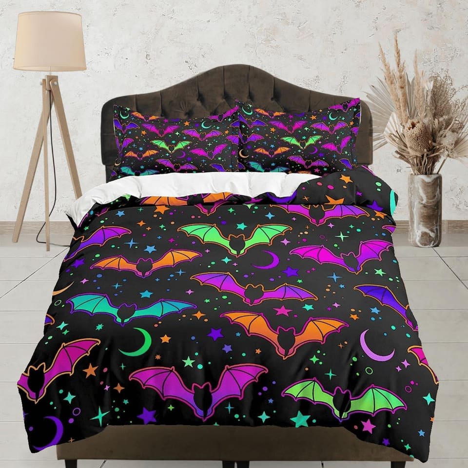 Colorful bats halloween bedding & pillowcase, gothic duvet cover, dorm bedding, halloween goth decor toddler bedding, hall…