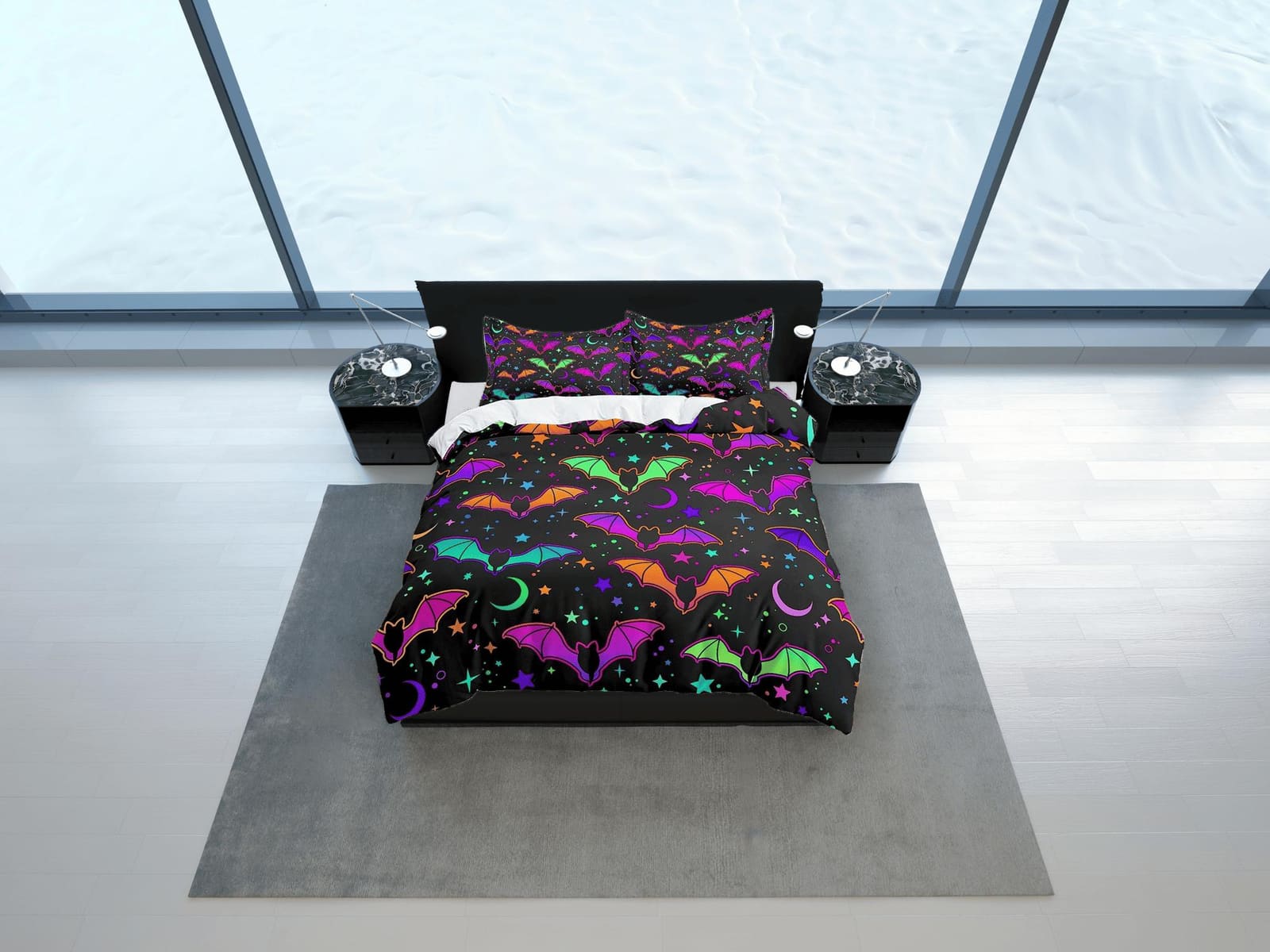 Colorful bats halloween bedding & pillowcase, gothic duvet cover, dorm bedding, halloween goth decor toddler bedding, hall…