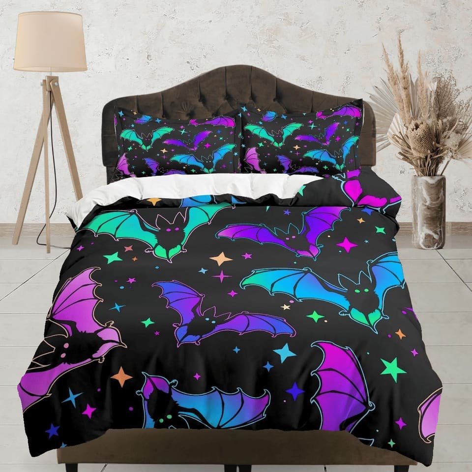 Colorful bats retro halloween bedding & pillowcase, gothic duvet cover, dorm bedding, goth decor toddler bedding, hallowee…
