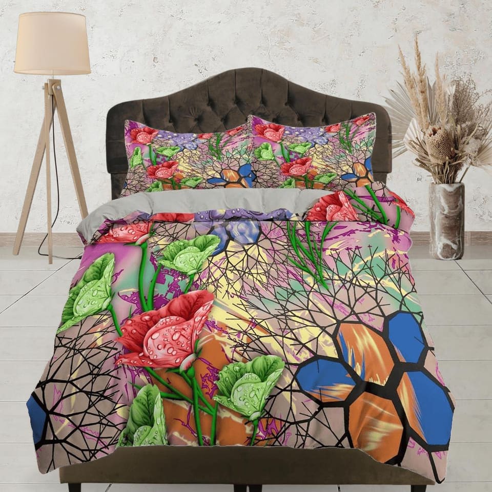 Colorful bedding floral duvet cover abstract, teen girl bedroom, baby girl crib bedding boho maximalist bedspread aestheti…