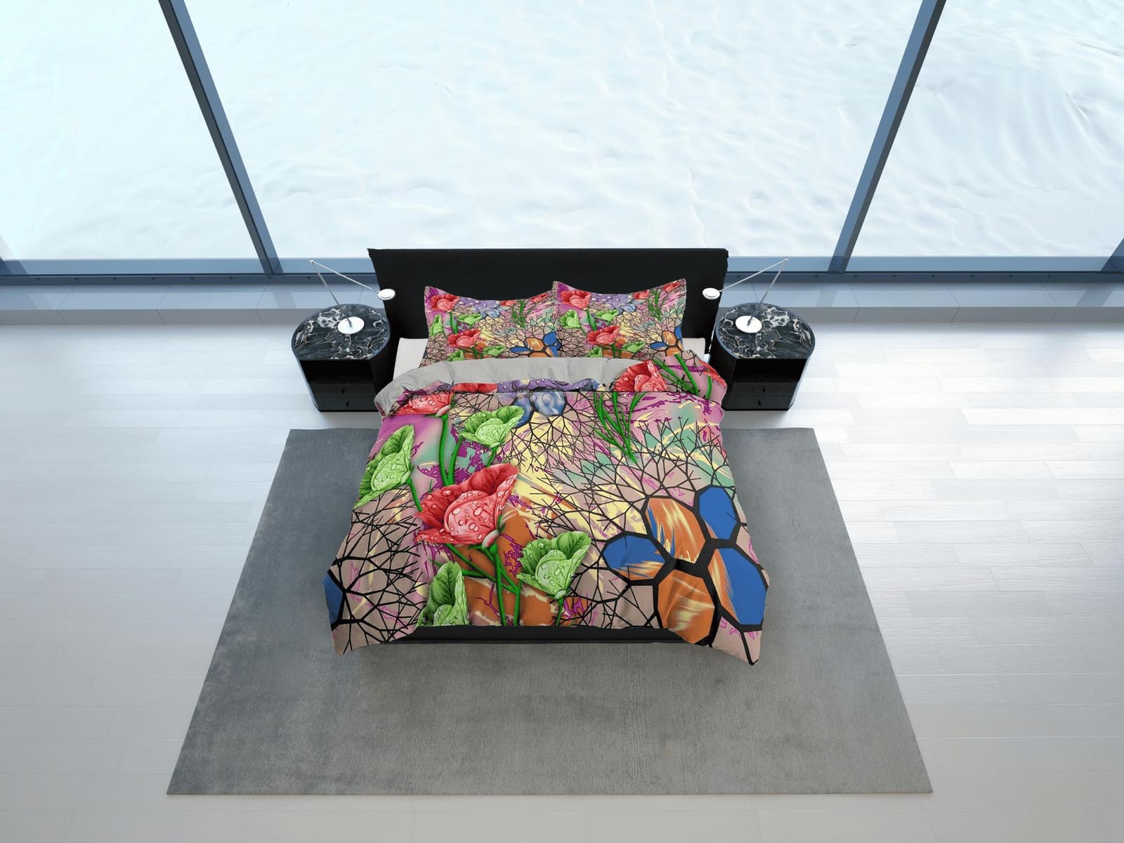 Colorful bedding floral duvet cover abstract, teen girl bedroom, baby girl crib bedding boho maximalist bedspread aestheti…