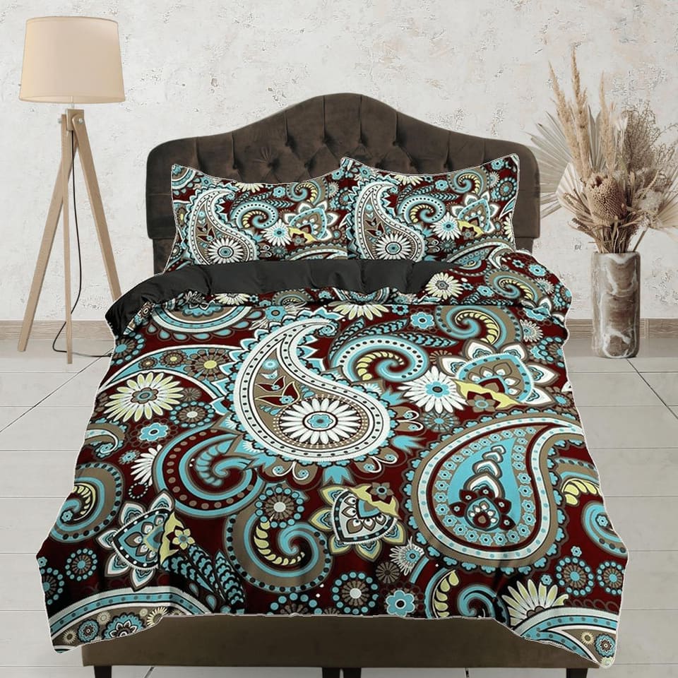 Colorful blue green paisley brown duvet cover set, aesthetic room decor bedding set full, king, queen size, abstract boho…
