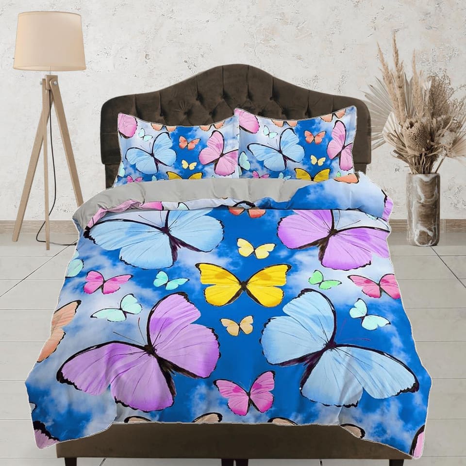 Colorful butterfly bedding blue duvet cover dorm bedding, full size adult duvet king queen twin, butterfly nursery toddler…