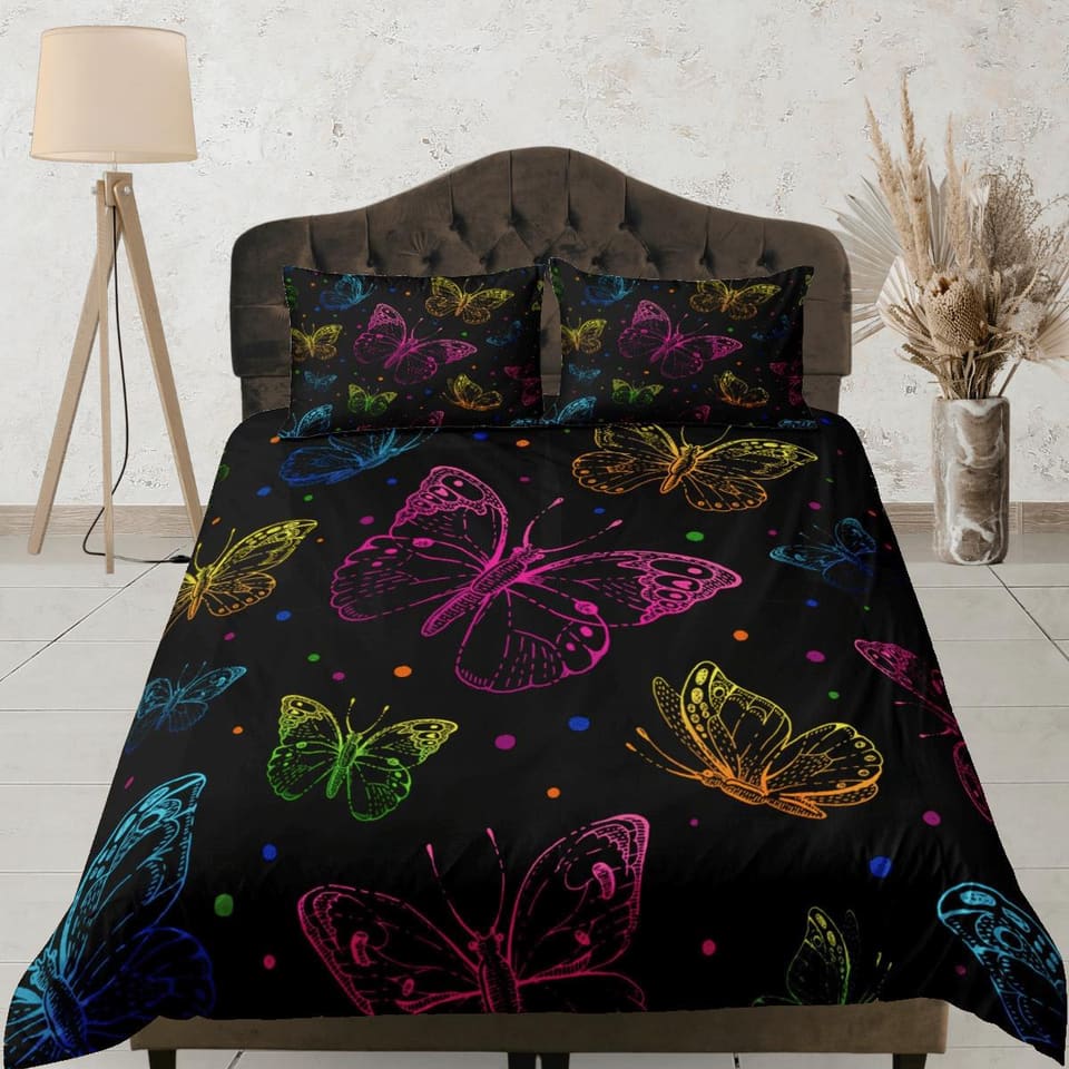 Colorful butterfly bedding boho chic aesthetic black duvet cover, dorm bedding full size adult duvet king queen twin, nurs…