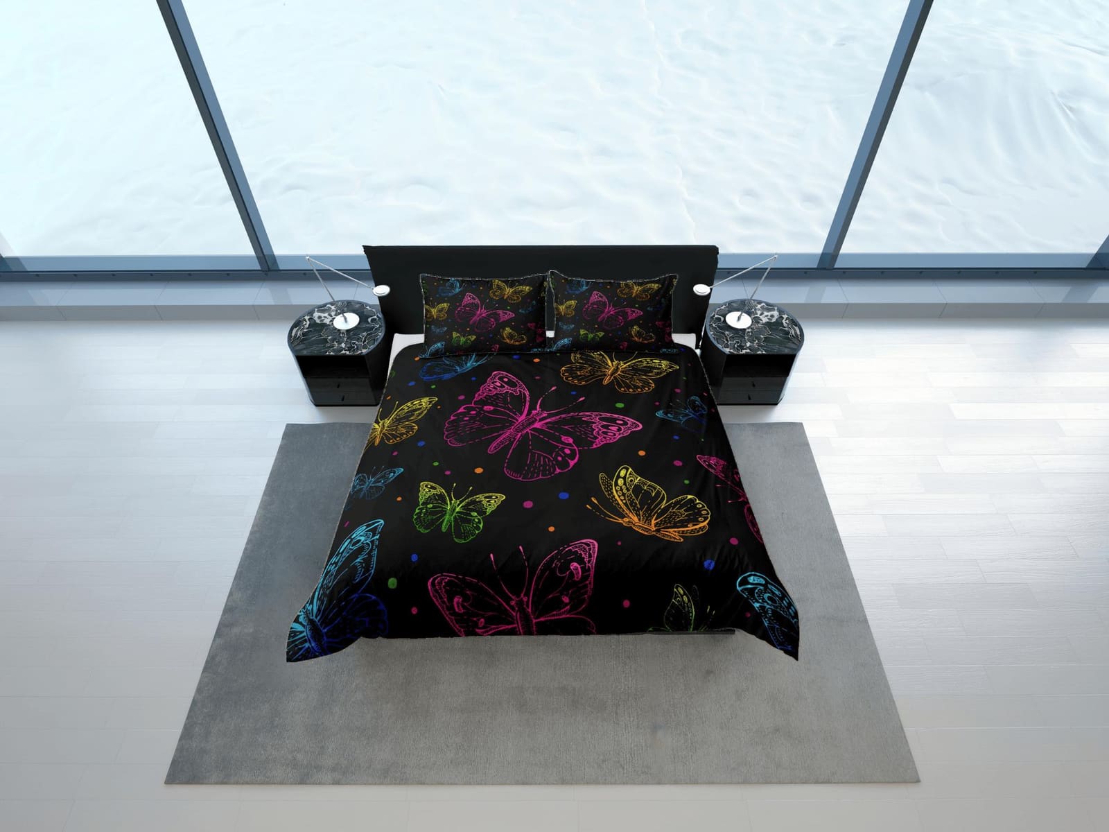 Colorful butterfly bedding boho chic aesthetic black duvet cover, dorm bedding full size adult duvet king queen twin, nurs…