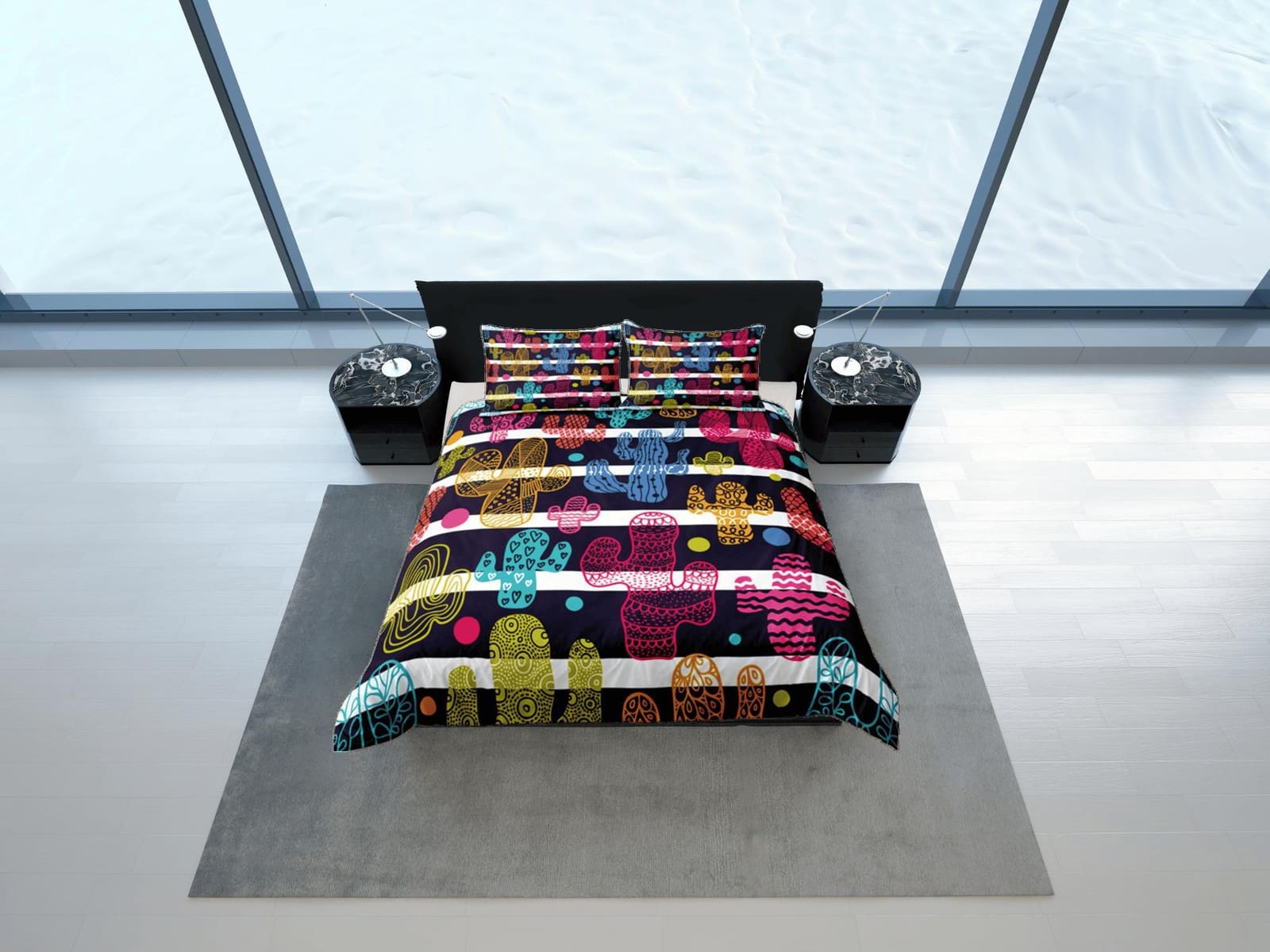 Colorful Cactus Duvet Cover Set, Stripe Bedspread Kids Bedding Set Single Bedding