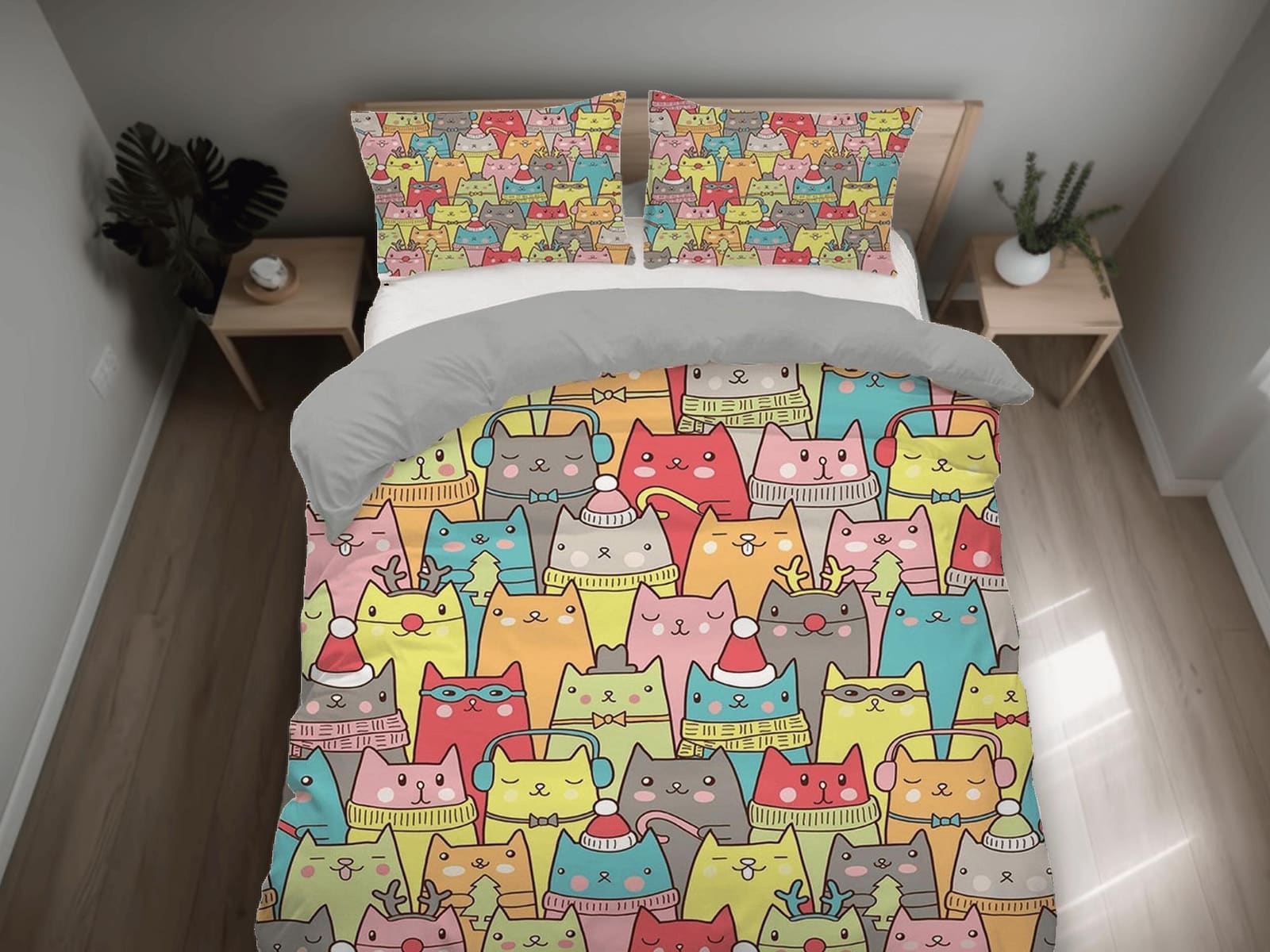 Colorful cat bedding, toddler bedding, kids duvet cover set, gift for cat lovers, baby bedding, baby shower gift, kawaii b…