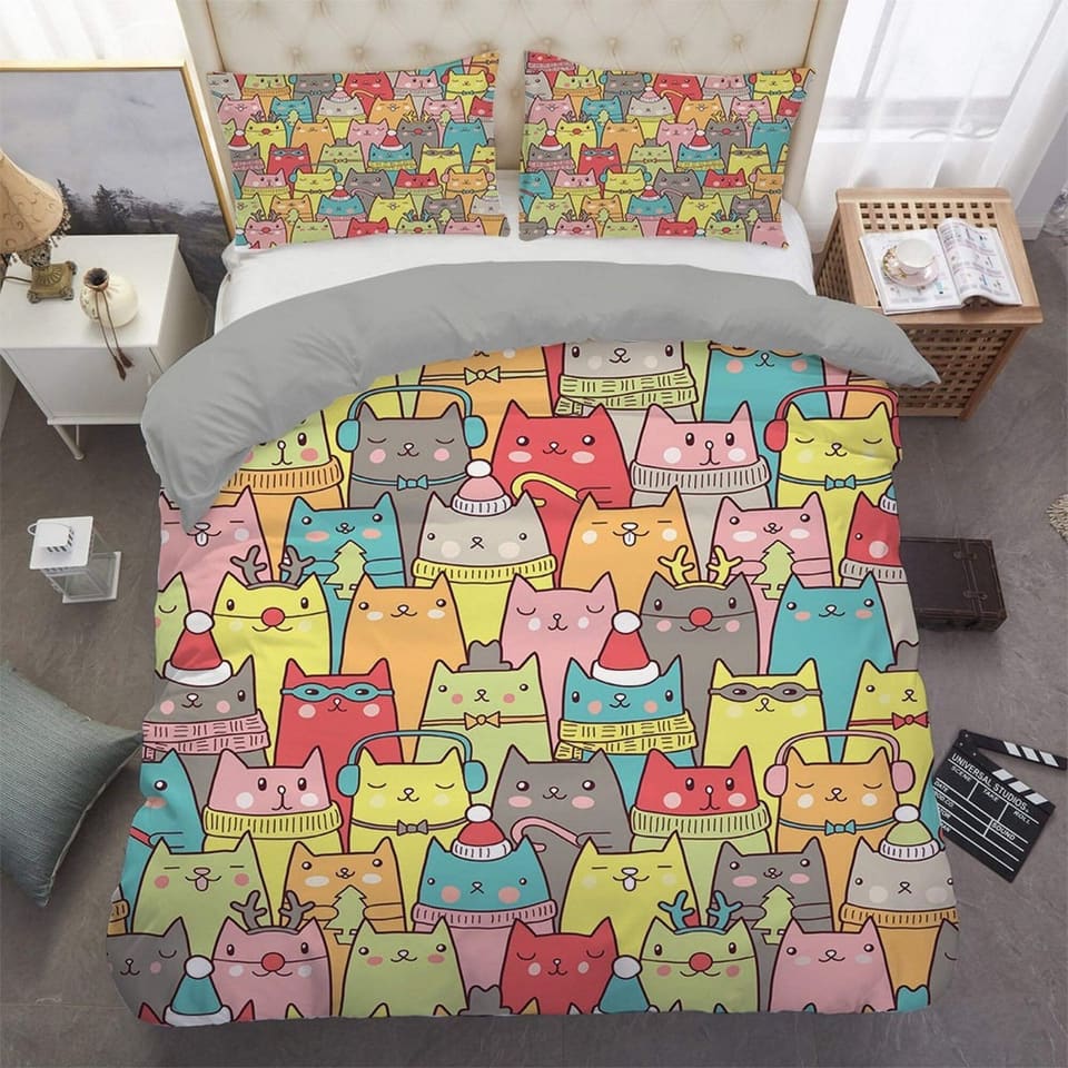Colorful cat bedding, toddler bedding, kids duvet cover set, gift for cat lovers, baby bedding, baby shower gift, kawaii b…