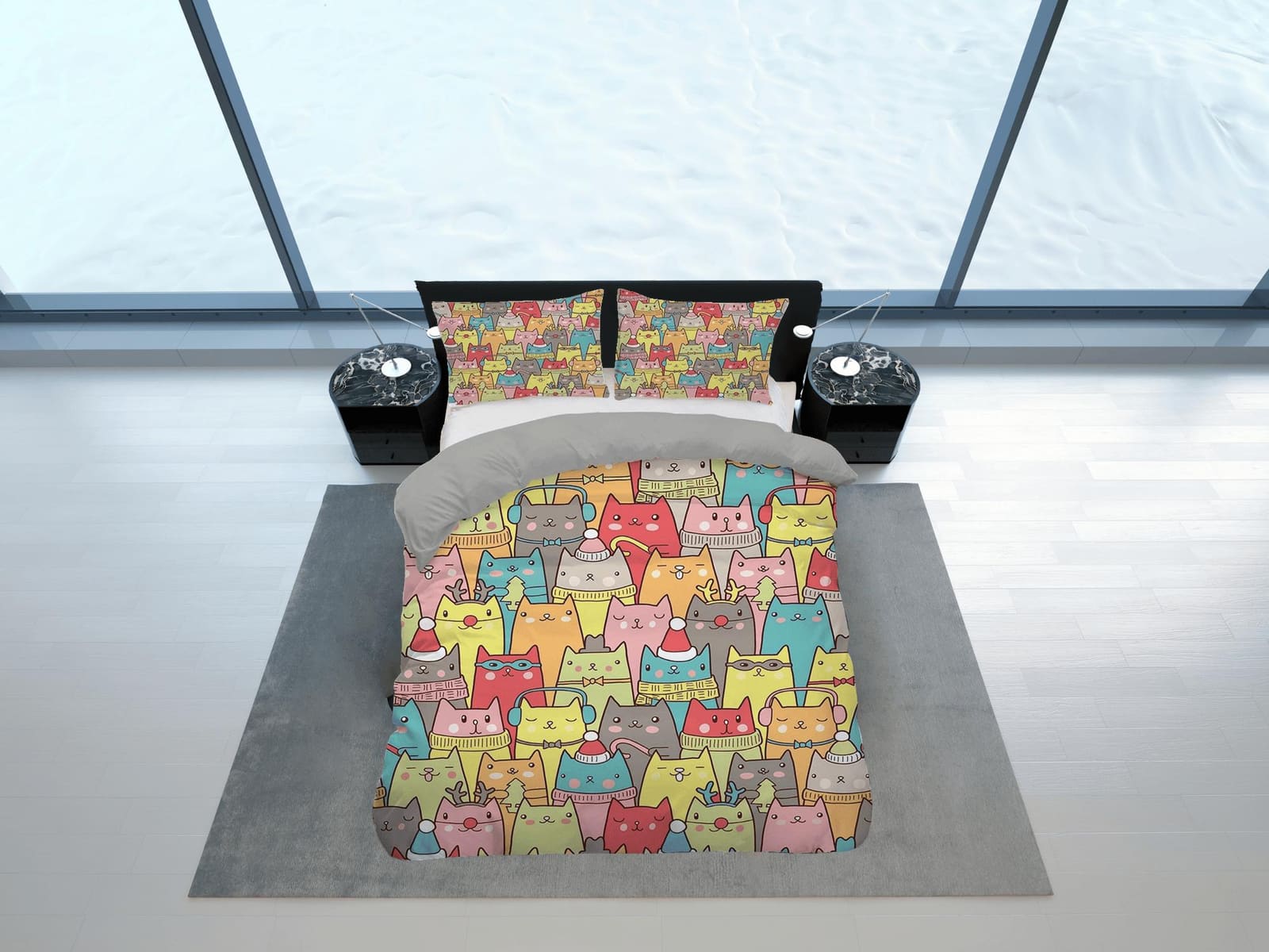 Colorful cat bedding, toddler bedding, kids duvet cover set, gift for cat lovers, baby bedding, baby shower gift, kawaii b…