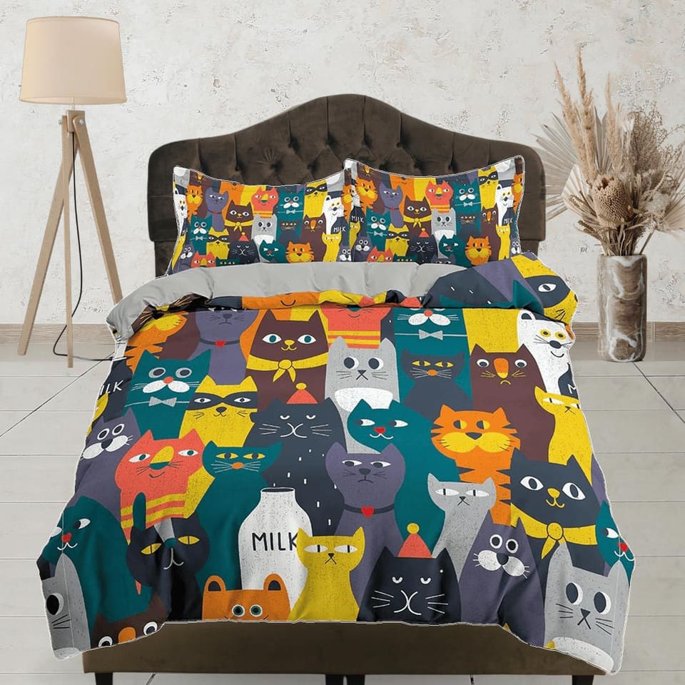 Colorful cats toddler bedding, unique duvet cover for nursery kids, crib bedding for cat lovers, baby zipper bedding, king…